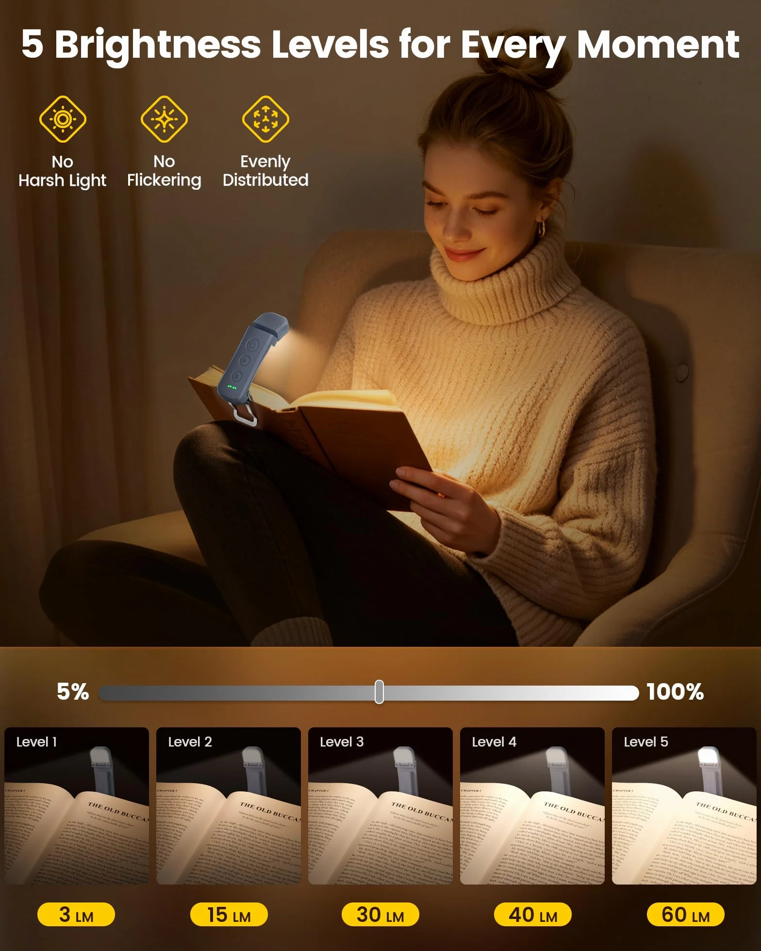 Glocusent Ulepszona lampka do czytania książek z klipsem i 12 diodami LED, czas pracy 200 godzin, lampka do czytania z 3 kolorami i 5 poziomami jasności, przenośna lampka do książek, zamek podróżny