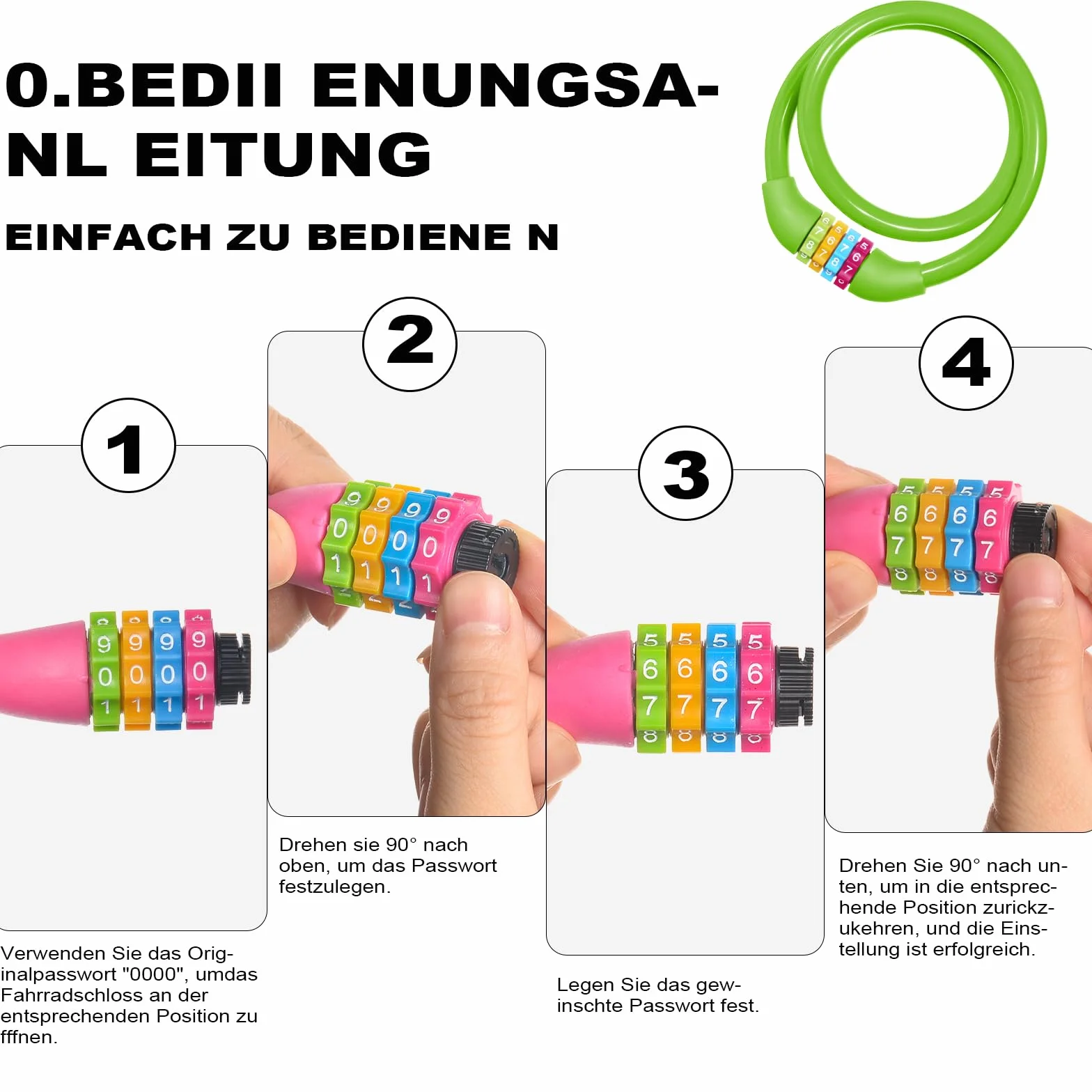 Ainiv Bike Lock, 65cm antykradzieżowa blokada rowerowa, blokada kablowa z 4-cyfrowym inteligentnym kodem, kod antykradzieżowy do rowerów, skuterów, motocykli, MTB - zielony