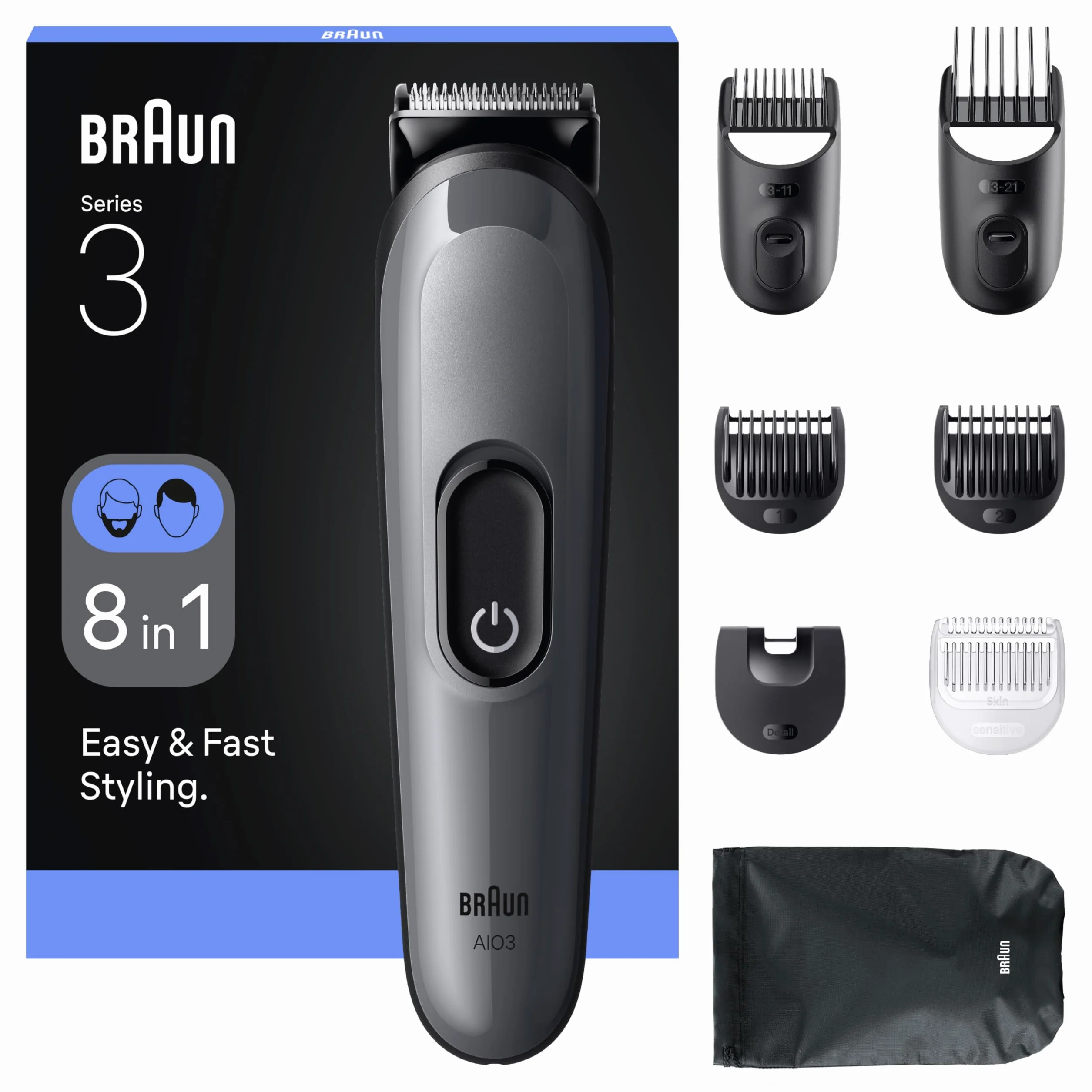 Braun Series 7 Wielofunkcyjny zestaw do pielęgnacji ciała, 11 w 1, ProBlade i AutoSense, 120 min, SkinGuard i cieniowanie brody, AquaGrip do używania pod wodą, AIO7540, niebieski