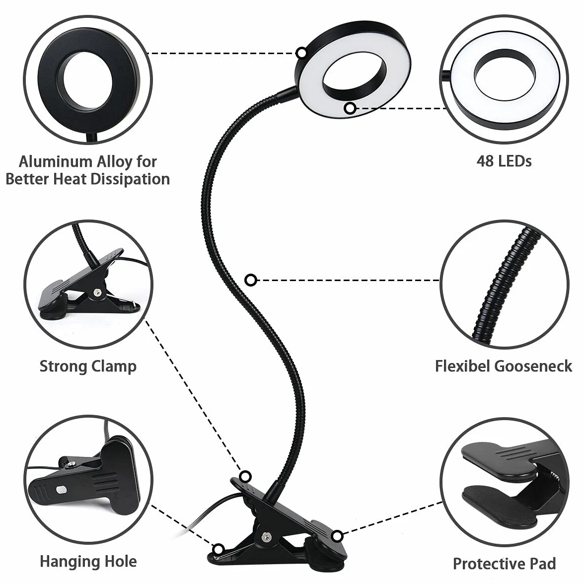 Lampa biurkowa URAQT Clip USB z 12 poziomami jasności, 3 tryby oświetlenia, lampka nocna na gęsiej szyi, ochrona oczu