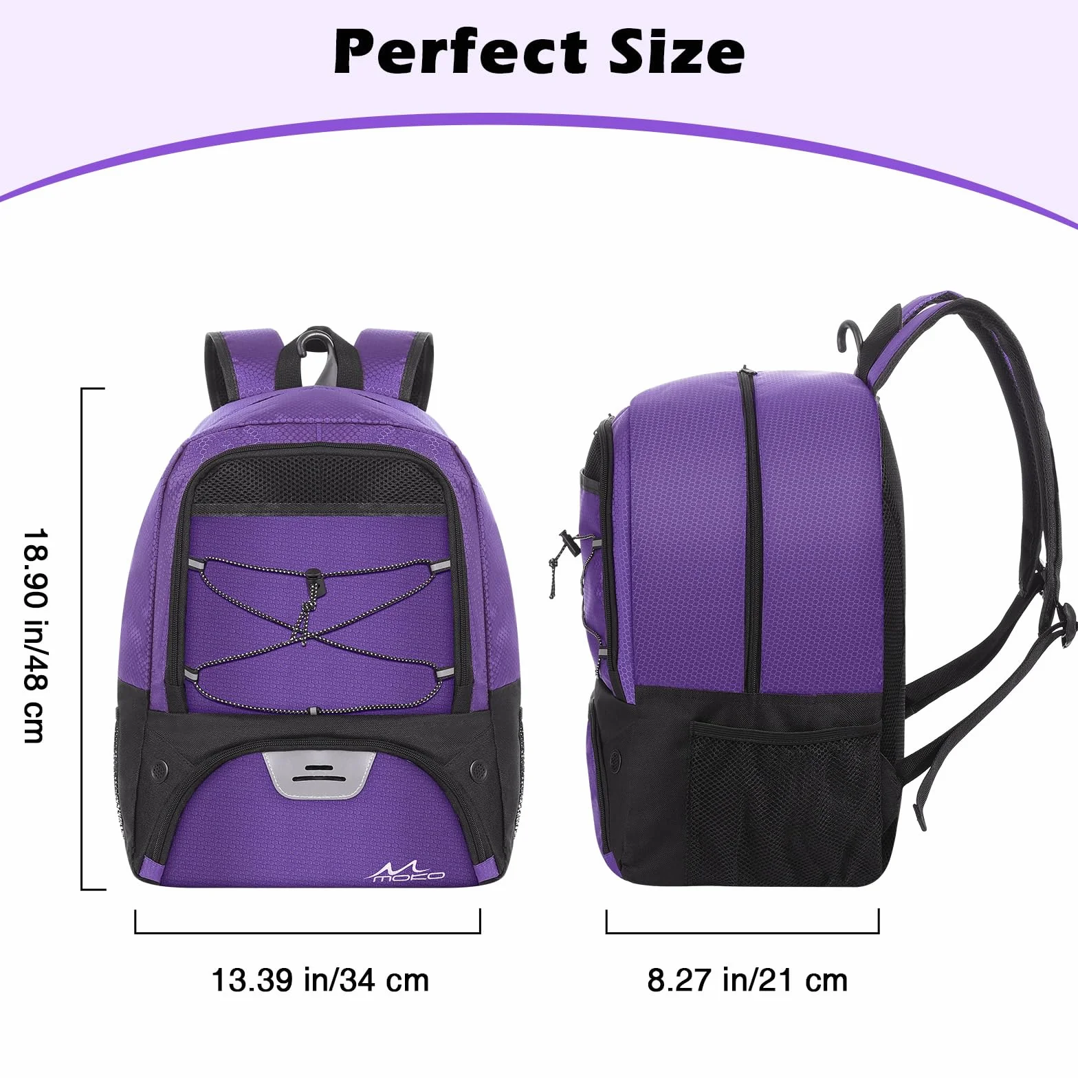 MoKo Basketball Bag Backpack, Soccer Backpack for Men & Women with Separate Ball and Shoes Compartments, Water-Resistant, Fence Hook, Sports Bag for Clothes, Shoes, Tablets, Laptops, Purple