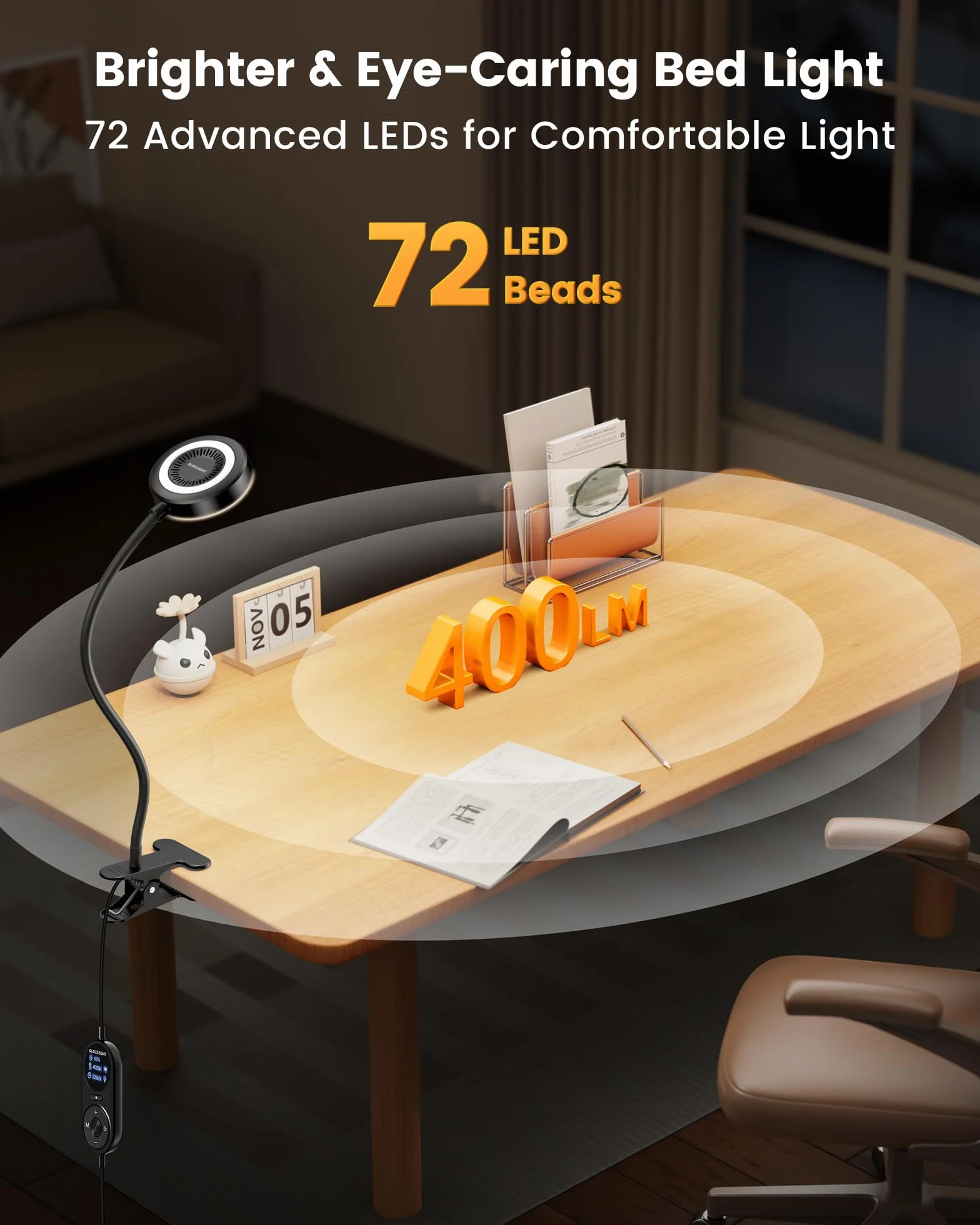 Glocusent Lampka na klips, 72 LED lampa biurkowa z 3 kolorami i 5 jasnością, elastyczna lampa z klipsem z bursztynowym światłem nocnym, timer 30/60 min, pielęgnacja oczu, do łóżka, czytania, nauki