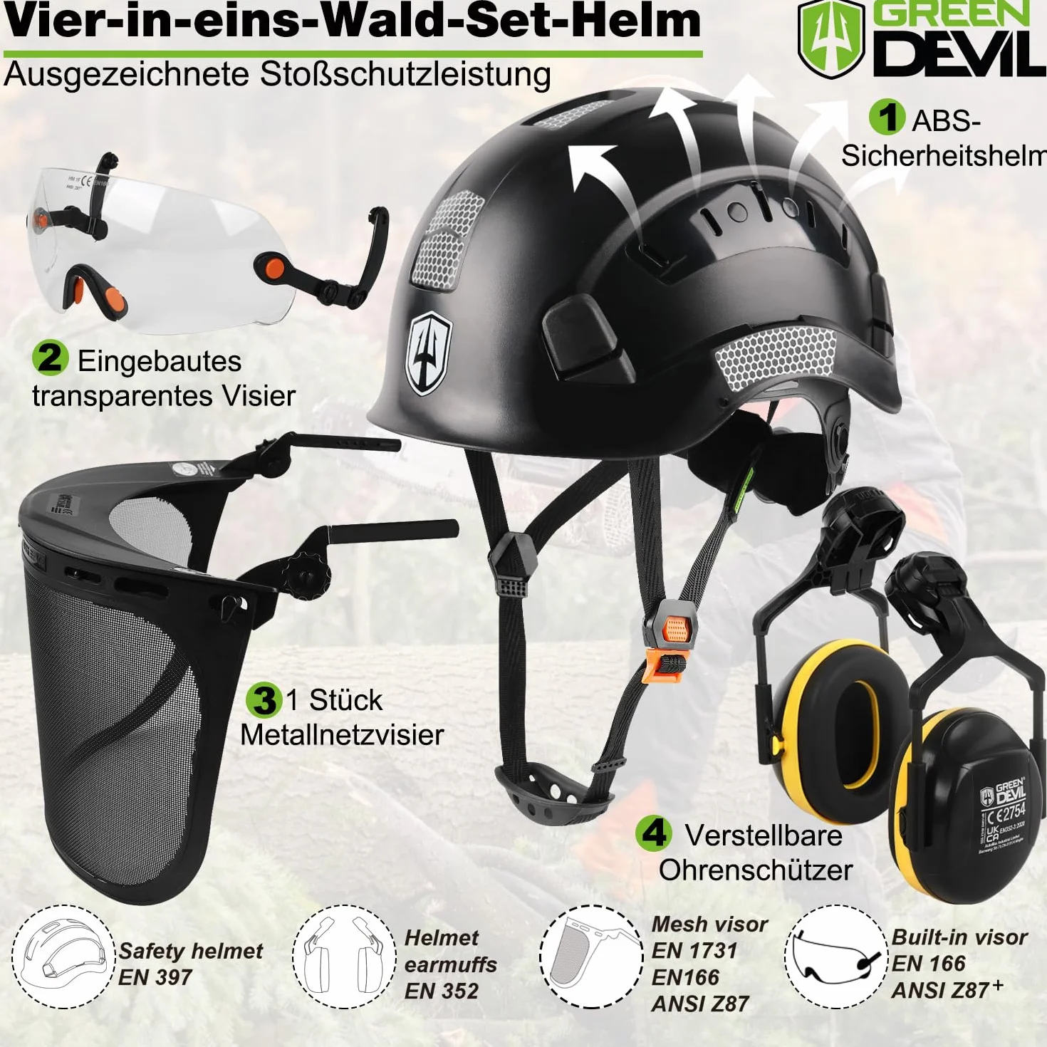 GREEN DEVIL Kask ochronny do piły łańcuchowej EN397 5 w 1 z osłoną twarzy wizjer nauszniki wentylowany