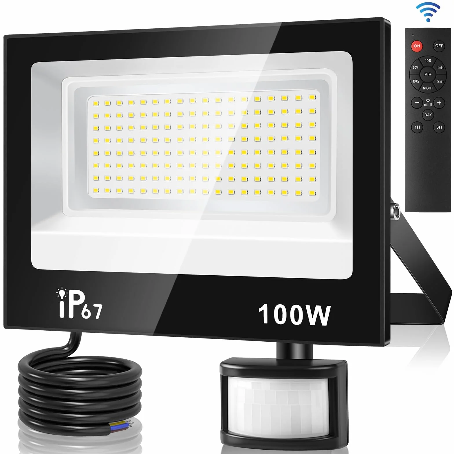 Reflektor LED 100 W z czujnikiem ruchu, na zewnątrz, 4 tryby, 10 poziomów jasności, regulowany reflektor LED z pilotem zdalnego sterowania, 10 000 lm, 7000 K, zimna biel, IP67, wodoszczelny