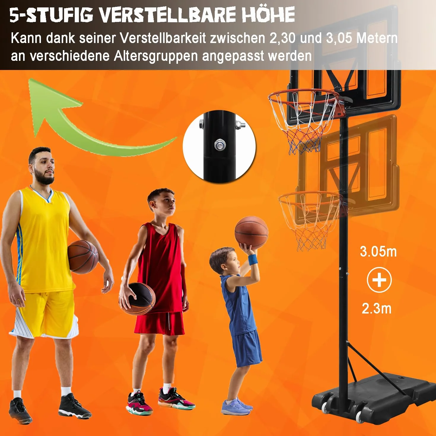 Regulowany kosz do koszykówki ze stojakiem i kółkami, stojak do koszykówki – regulacja wysokości w zakresie 230-305 cm, łącznie z piłką do koszykówki i pompką – do użytku na zewnątrz