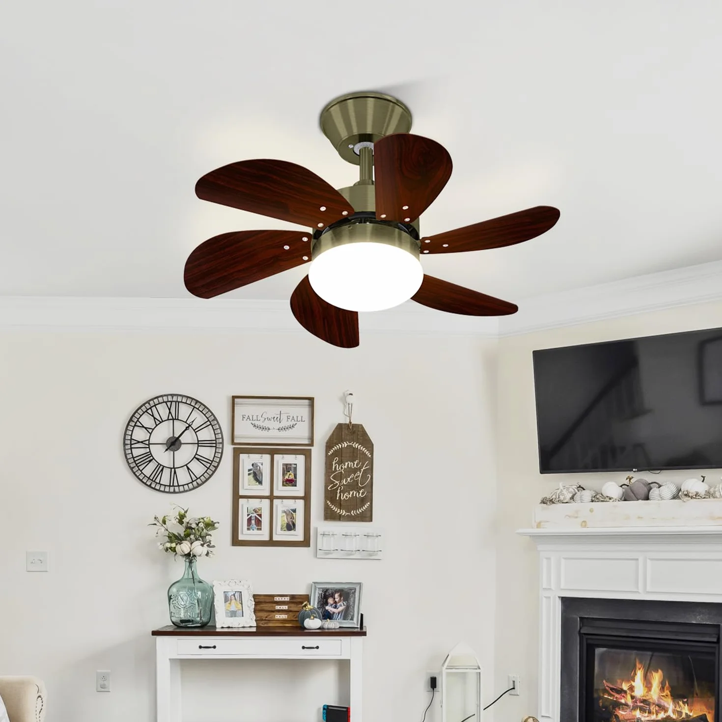 Homefire Wentylator sufitowy z oświetleniem i pilotem zdalnego sterowania, cichy, Ø 75 cm, 6 łopatek, wentylator z pojedynczą lampą, lampa sufitowa, na lato, zimę, do sypialni, bez źródła światła