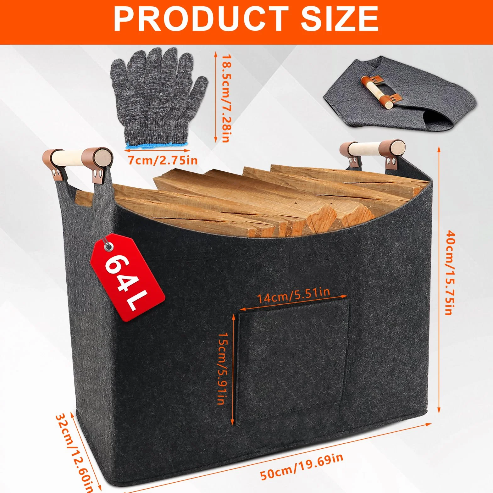 Filcowy kosz na drewno kominkowe XL (64 l, 50 x 32 x 40 cm), duży, bardzo gruby filc, składany kosz na drewno opałowe, z drewnianym uchwytem i rękawiczkami, na drewno opałowe, zakupy