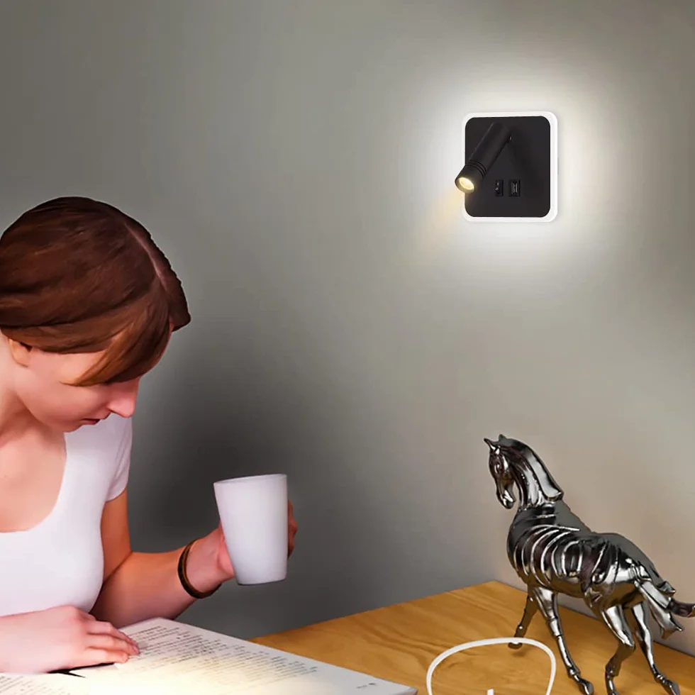 ERWEY Lampa ścienna LED do czytania, regulowana 3W 4000K + 5W 6000K, z przełącznikiem i USB, czarna