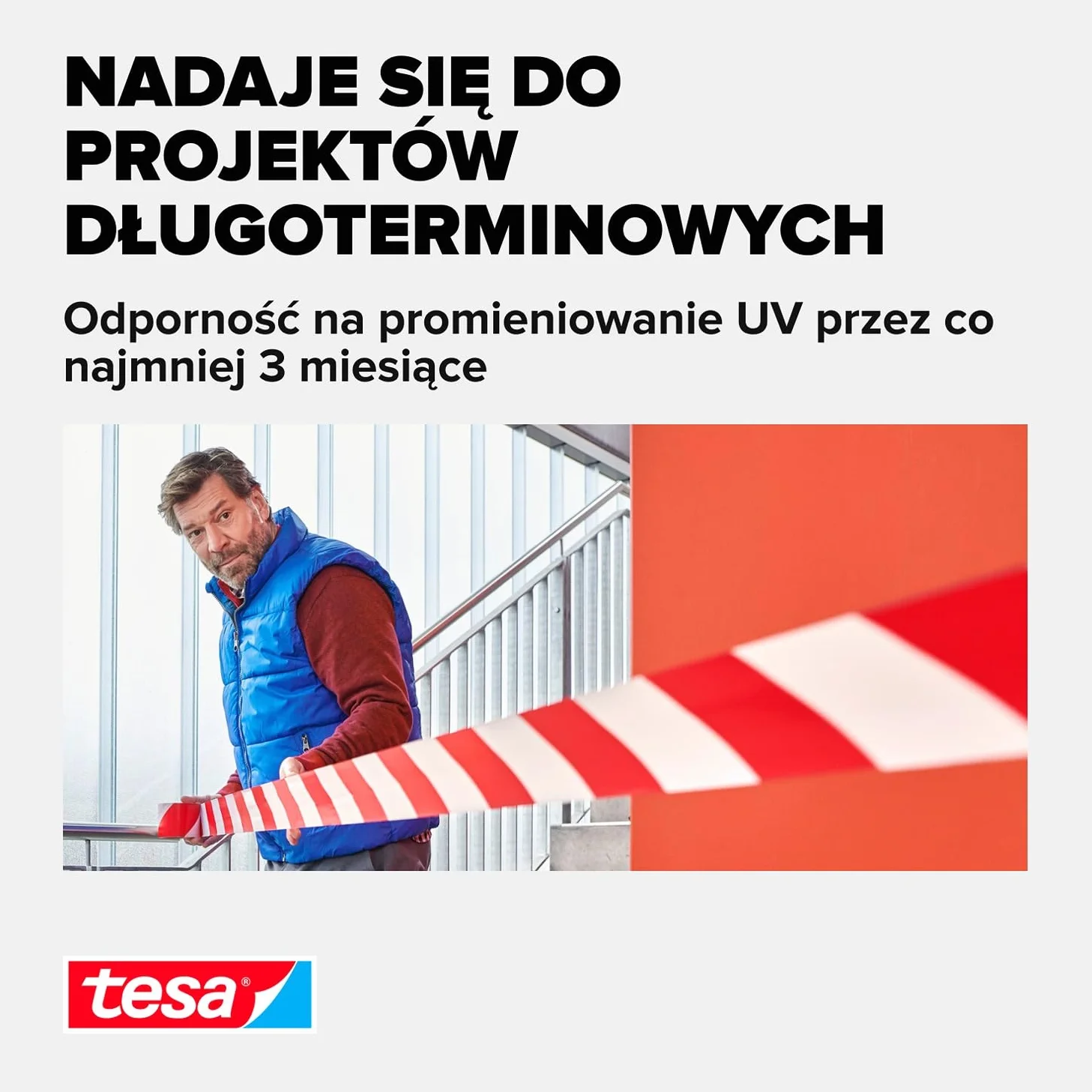 tesa Taśma Ostrzegawcza Barierowa Nieprzylepna 100 m x 80 mm Czerwono-Biała Odporna na UV