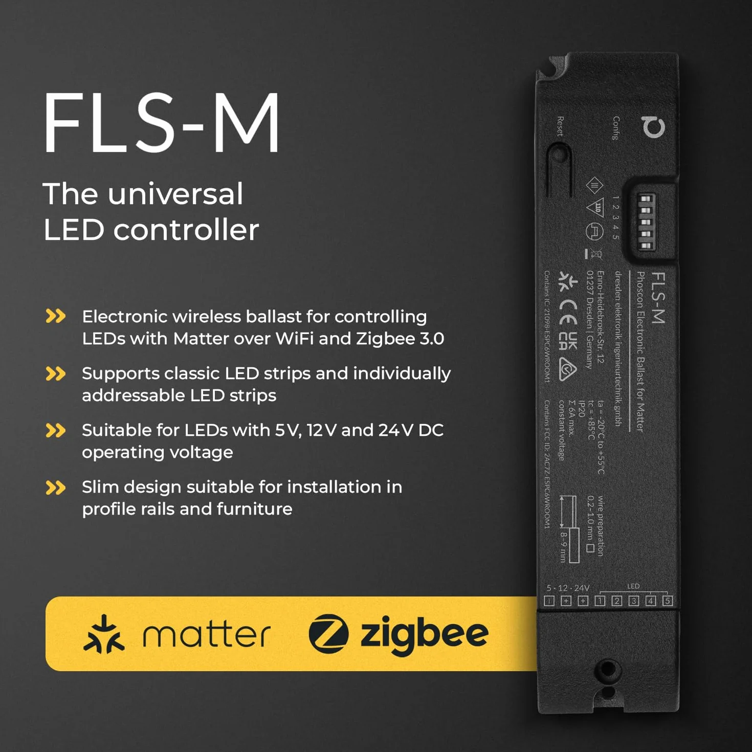 FLS-M – uniwersalny kontroler LED Matter Zigbee do taśm LED do 5 kanałów i indywidualnie adresowalnych diod LED, RGBW, RGB+CCT, jednokolorowy, WS2812B