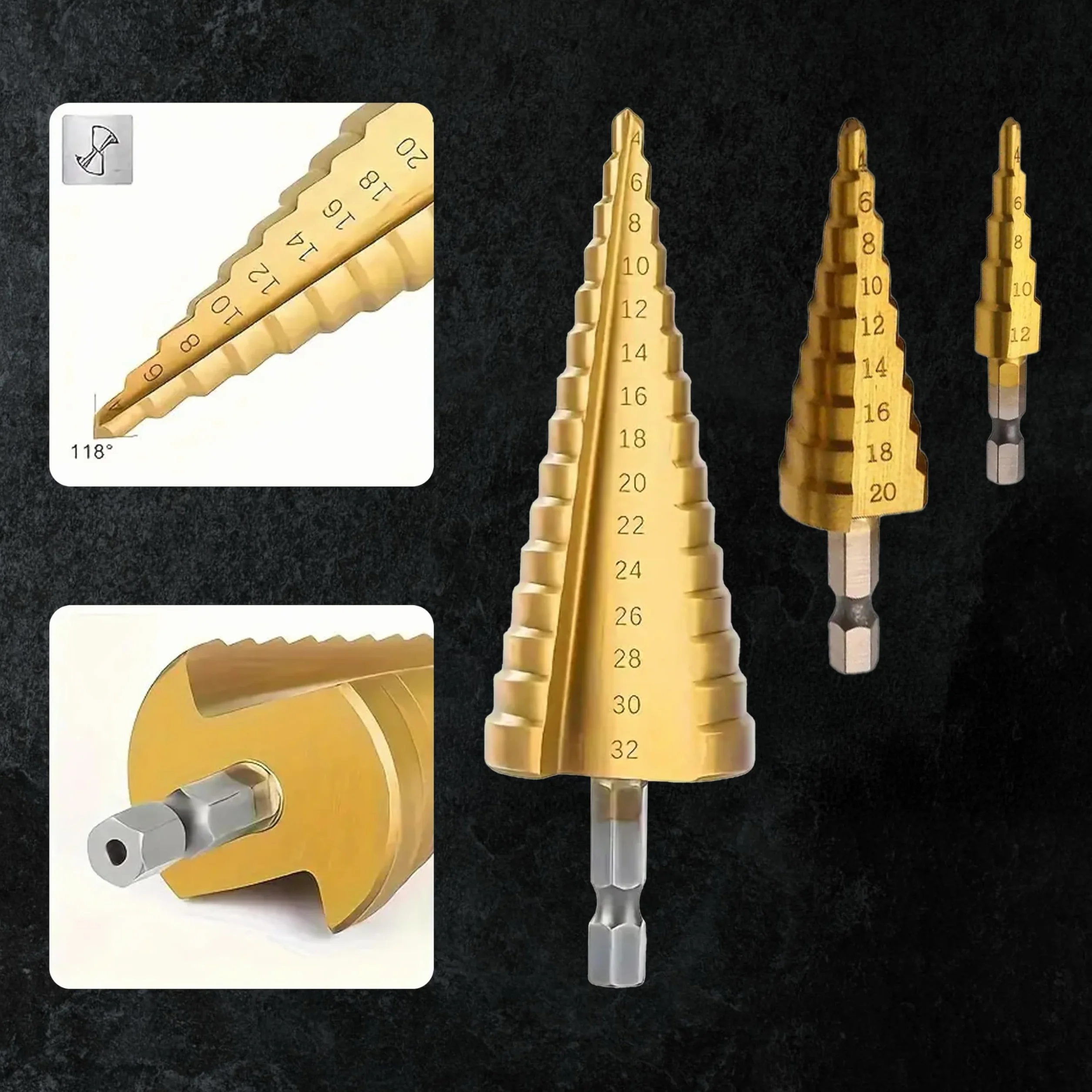 Zestaw 3 wierteł stopniowych HSS 4-32 mm, powlekane tytanem, trzpień sześciokątny 6 mm