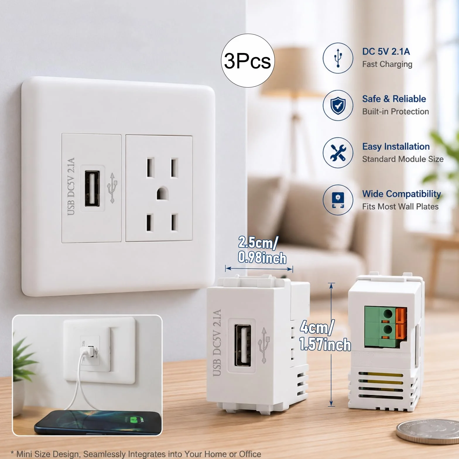 Adapter przełączający USB 220 V 5 V 2,1 A do telefonów i urządzeń USB (3)