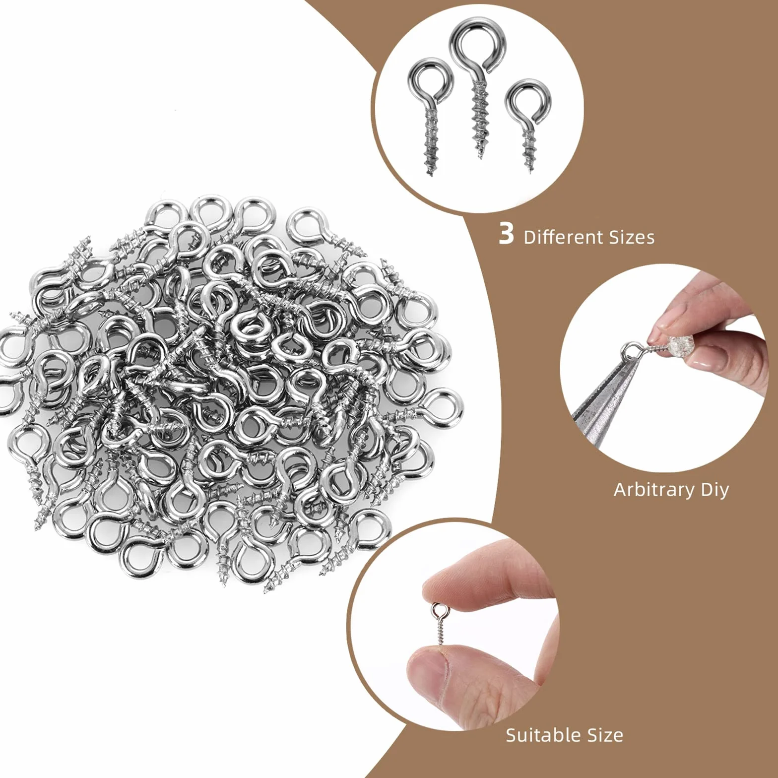 Śruby oczkowe ze stali nierdzewnej 300 sztuk, do drewna DIY biżuteria meble (12, 10, 8 mm)