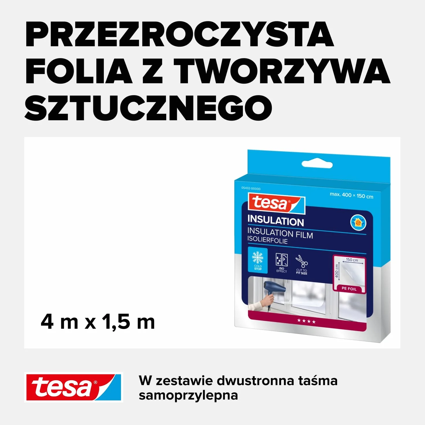 Tesamoll Thermo Cover folia izolacyjna do okien - przezroczysta folia do dodatkowej izolacji termicznej na okna - z praktycznym montażem na taśmę dwustronną - 5,0 m x 1,5 m