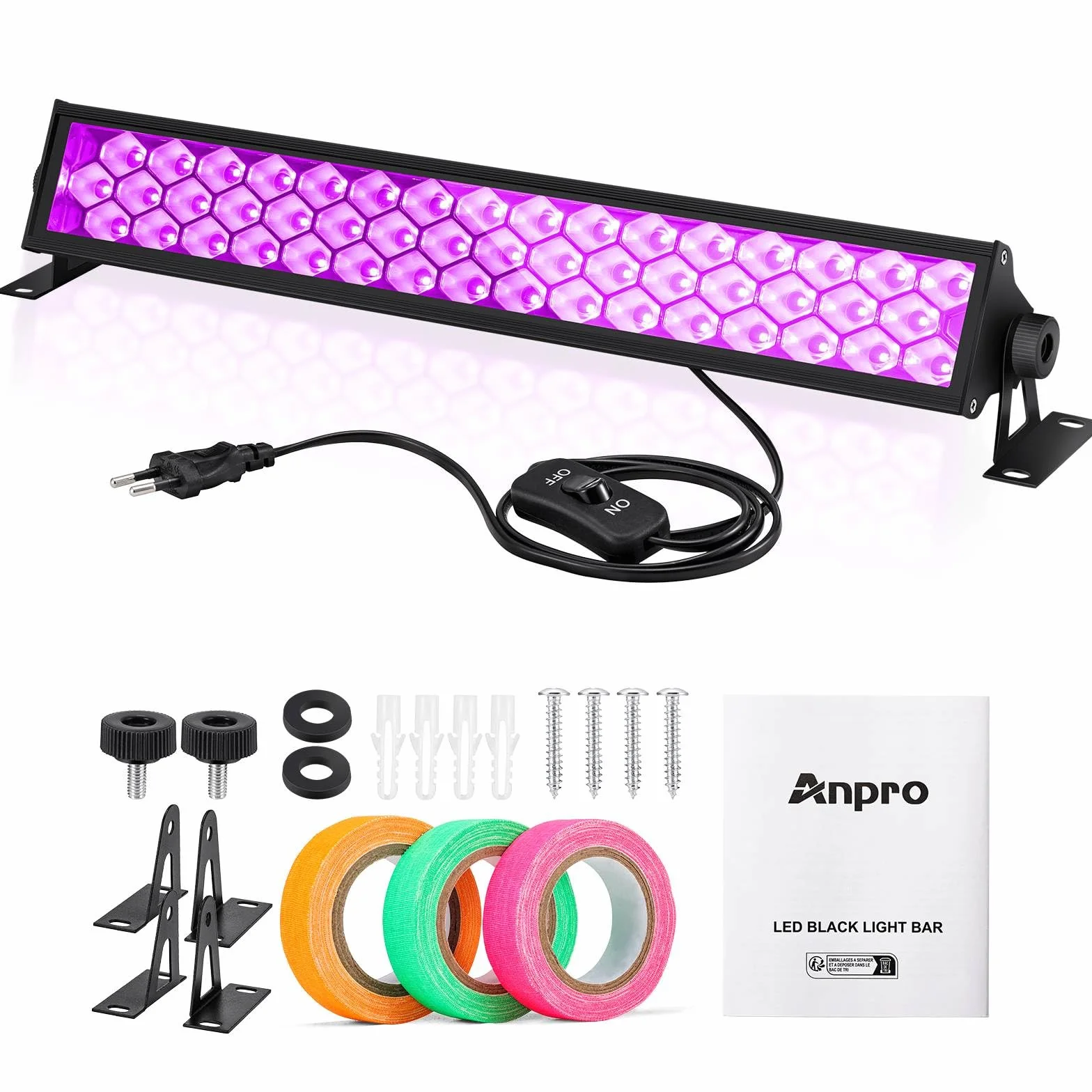 Anpro 72 W czarne światło LED 48 diod regulowane 360° kąt świecenia 120° przewód 4,5 m długość fali 385-400 nm