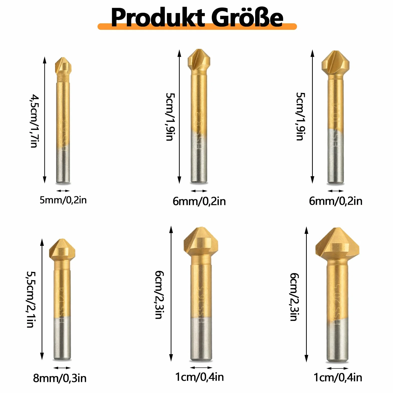 Zestaw pogłębiaczy stożkowych 6 sztuk do stali nierdzewnej, żeliwa, aluminium, miedzi, tworzywa sztucznego