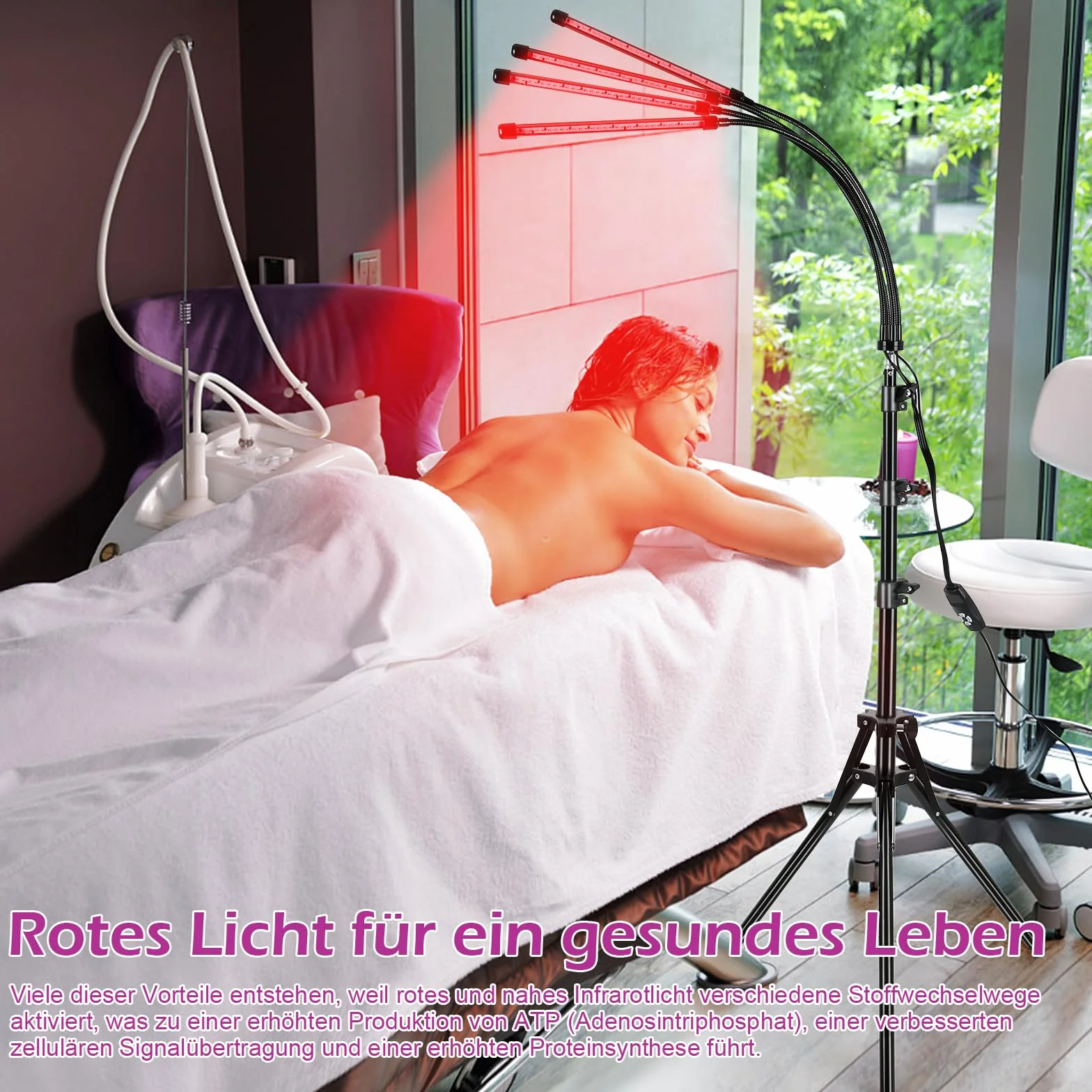 Lampa z czerwonym światłem 660 nm 850 nm 4 głowice 5 trybów ściemniania timer stojak terapia światłem