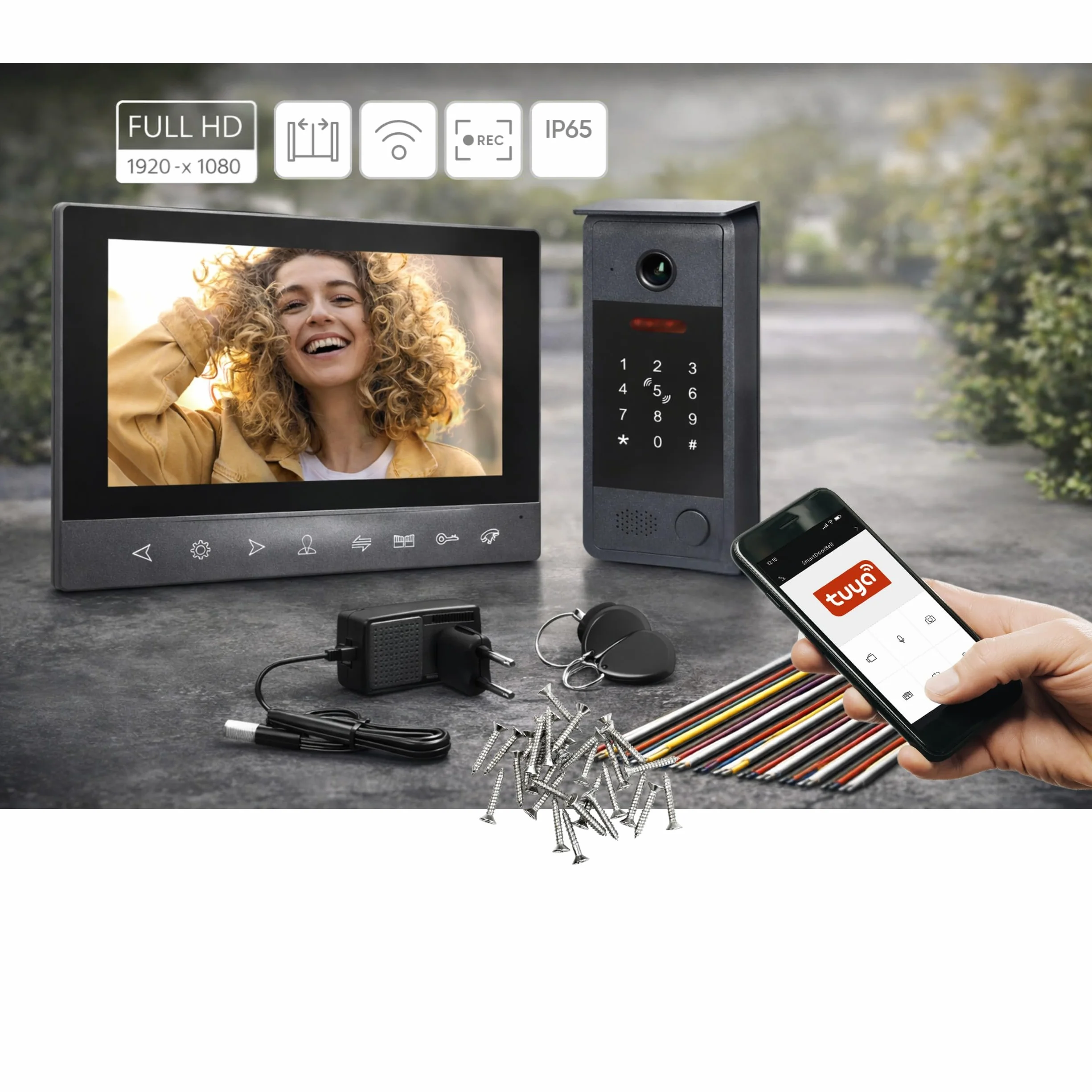Wideodomofon WiFi Full HD 1080px Kamera Zewnętrzna IP65 RFID Klawiatura Kodowa Tuya Smart 7 Cali