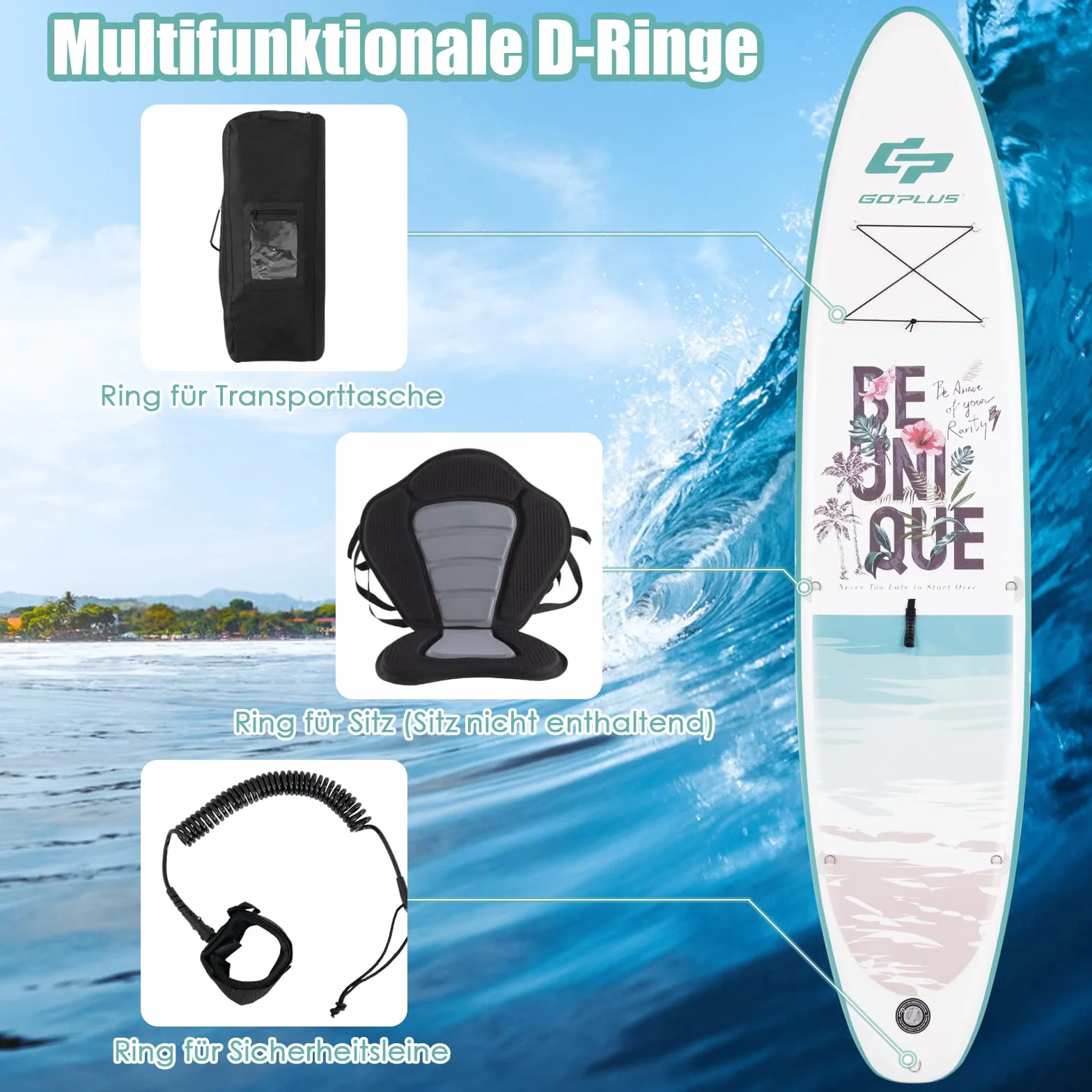 COSTWAY Deska do paddleboardingu, w zestawie plecak, pompka, regulowane wiosło, linka bezpieczeństwa, lina bungee i zestaw naprawczy, nadmuchiwana deska SUP 150 kg