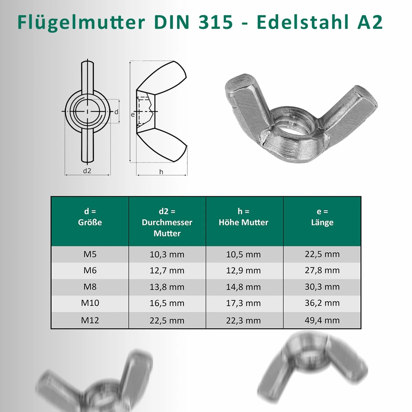 Śruby zamkowe M6 x 12 mm DIN 603 z nakrętką motylkową M6 DIN 315 i podkładką DIN 125, stal nierdzewna A2 V2A, zestaw 100 sztuk