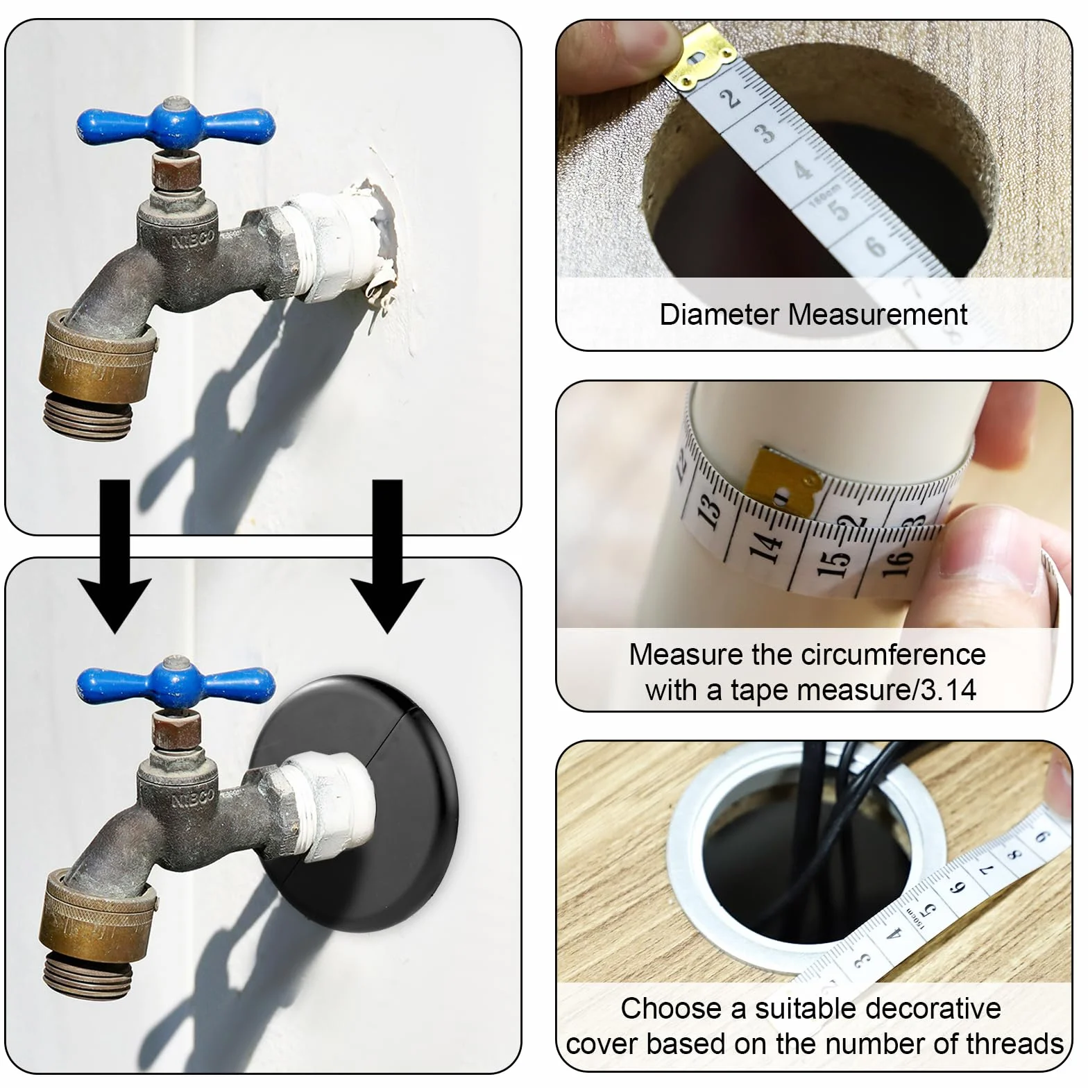2szt Kolnierz Rozdzielajacy Scienny, Samoprzylepny Plytka Rozetowa Rur Wodnych o Srednicy 17mm ABS Okragly Plytki Maskujace Instalacji Wodno-Kanalizacyjnych z Klamra do Kranu Kuchni (Czarny)