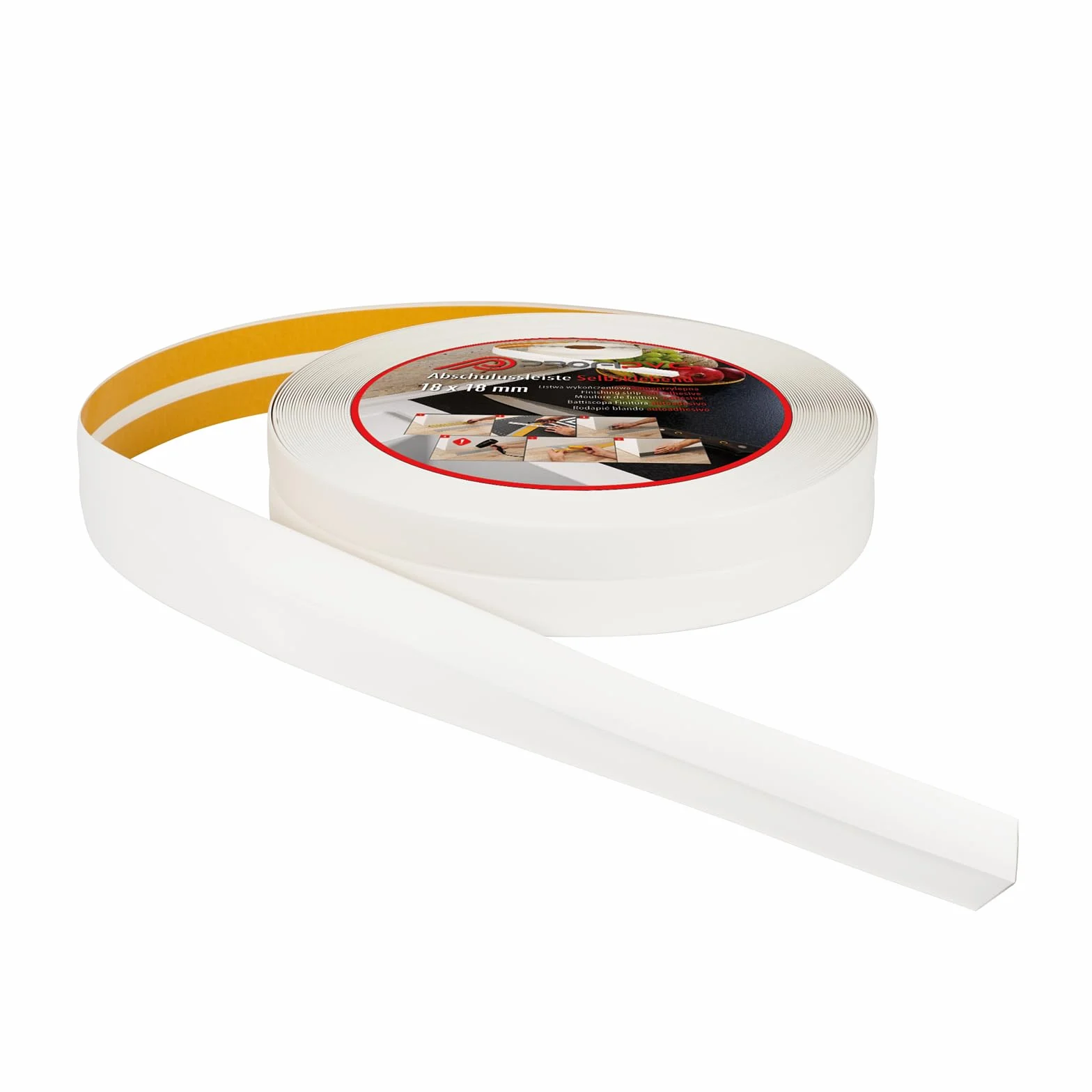 ProfiPVC Miękka listwa przypodłogowa 18 x 18 mm, 5 m, do kuchni i łazienki, samoprzylepna listwa wykończeniowa z PCW, elastyczna listwa giętka, taśma uszczelniająca do fug, biała