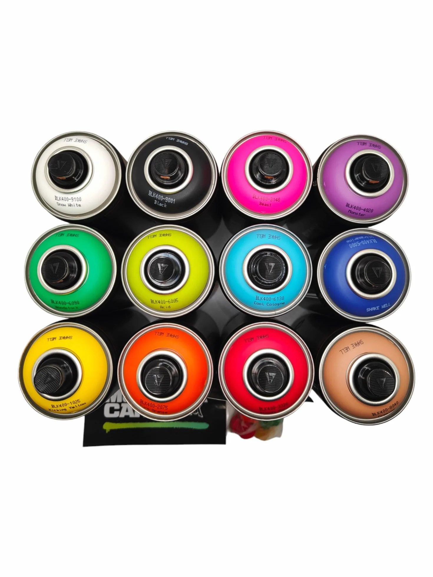 Montana Black 400 ml farba w sprayu zestaw 12 sztuk + 6 głowic natryskowych graffiti