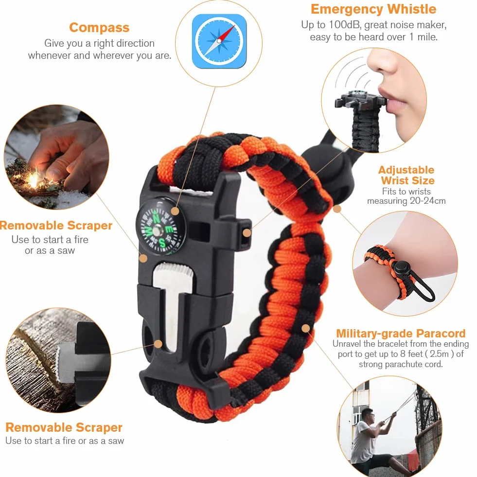 Flintronic Paracord zestaw bransoletek survivalowych 5 w 1, krzesiwo z krzesiwa i stali + gwizdek 100 dB + kompas podstawowy + mini piła + wodoszczelna linka Paracord w jakości wojskowej