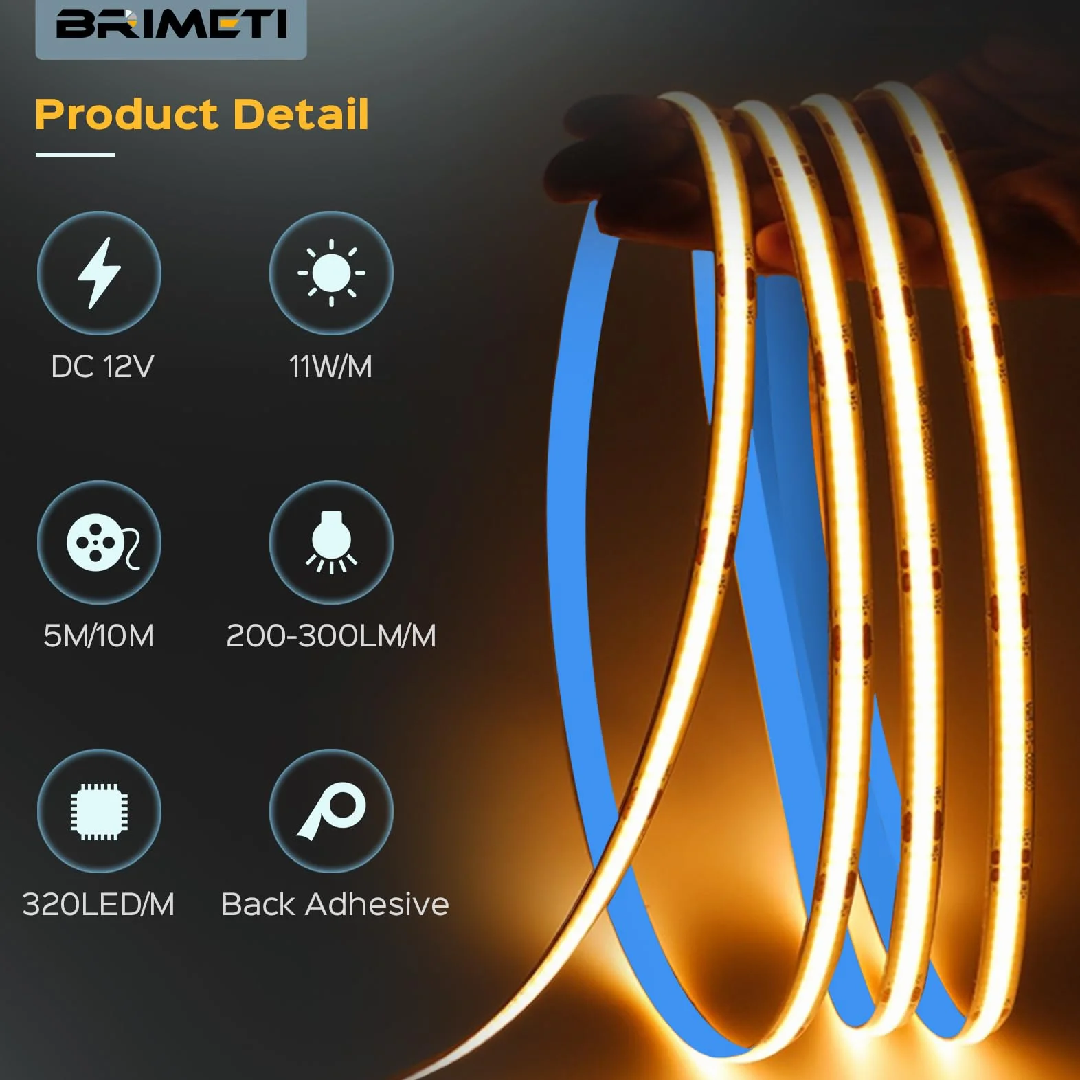 Taśma LED COB 12V 5M Ciepła Biel 3000K 8mm 320LEDs/M IP20 Samoprzylepna
