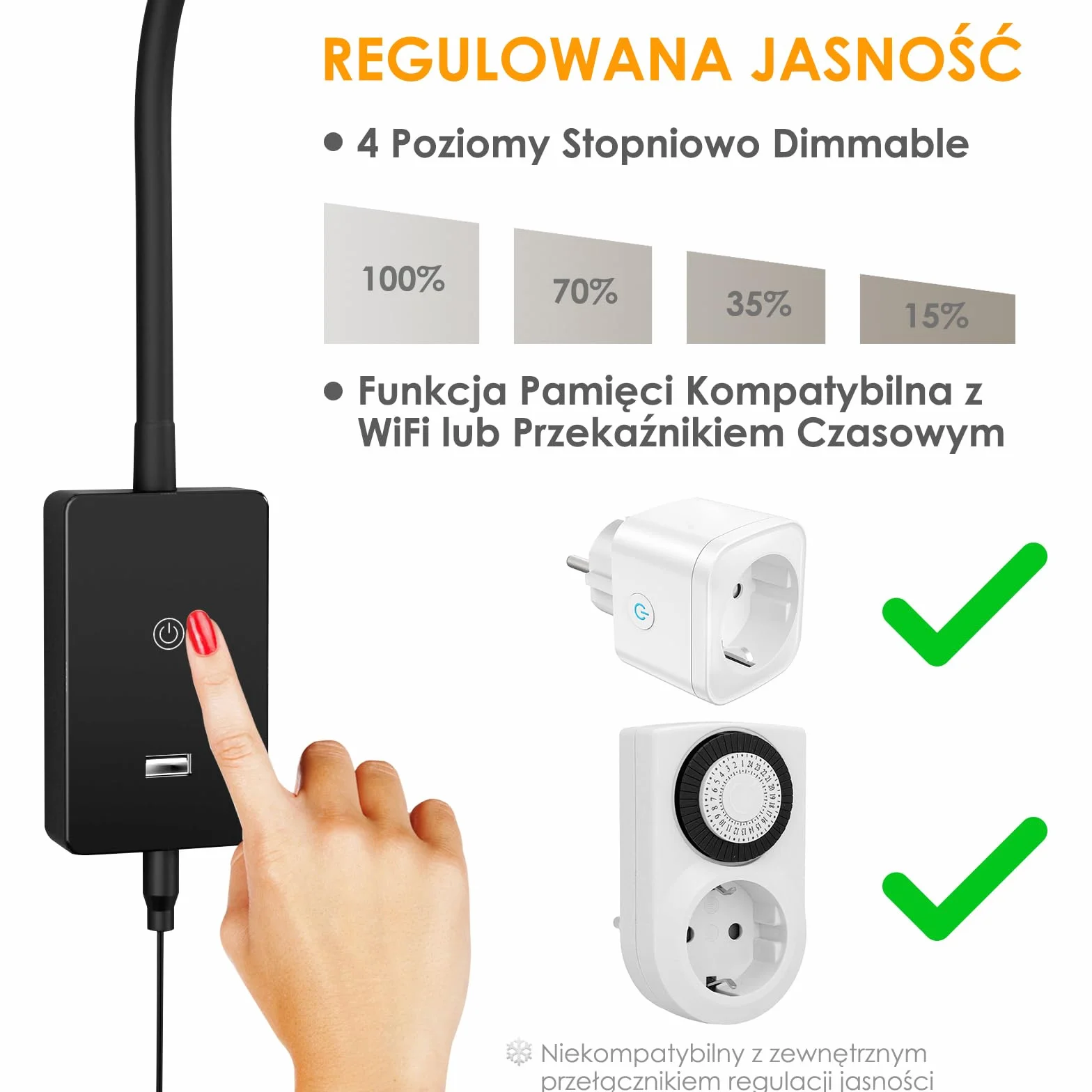 ENUOTEK Lampy Ścienne Z Giętkim Montażem Do Czytania, Dotykowy Dimmable Kinkiet, 4 Poziomy Jasności, USB 5V2A, 120° Neutralne Białe Oświetlenie