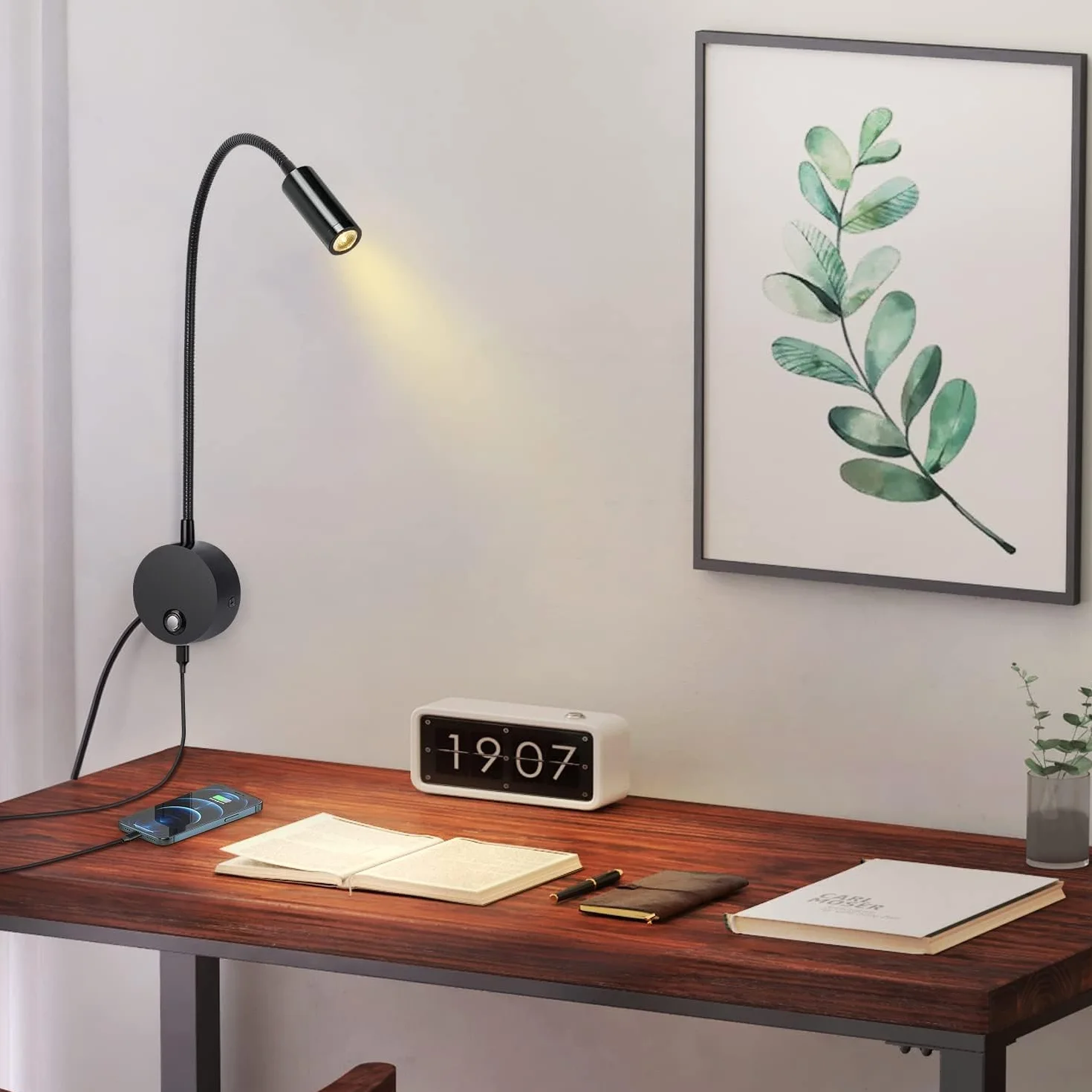 ERWEY Lampa ścienna LED z przełącznikiem dotykowym, ściemniana, USB, 360°, czarny