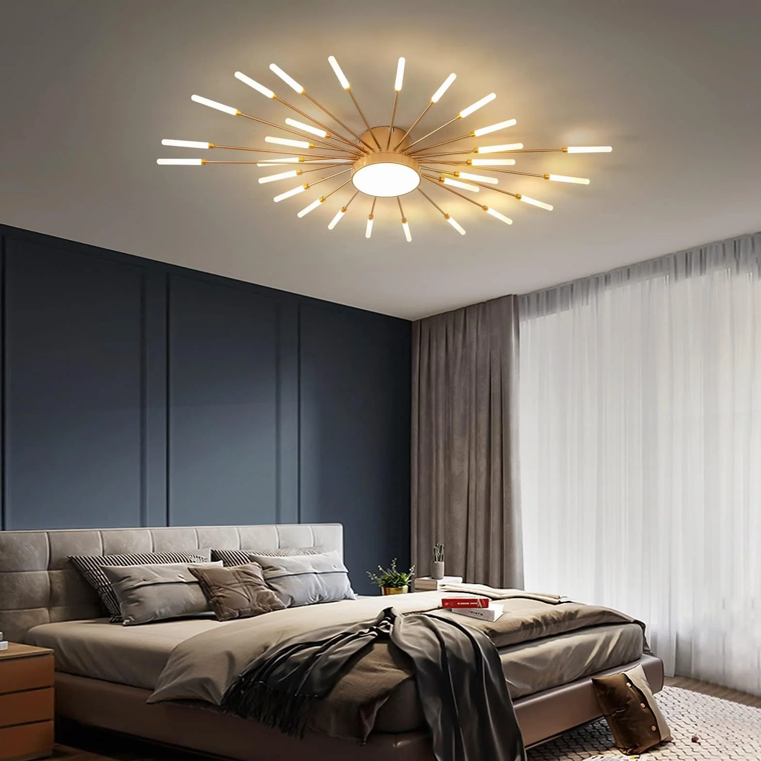 Nowoczesne oświetlenie sufitowe LED, 28+1 głowic, złote żyrandole