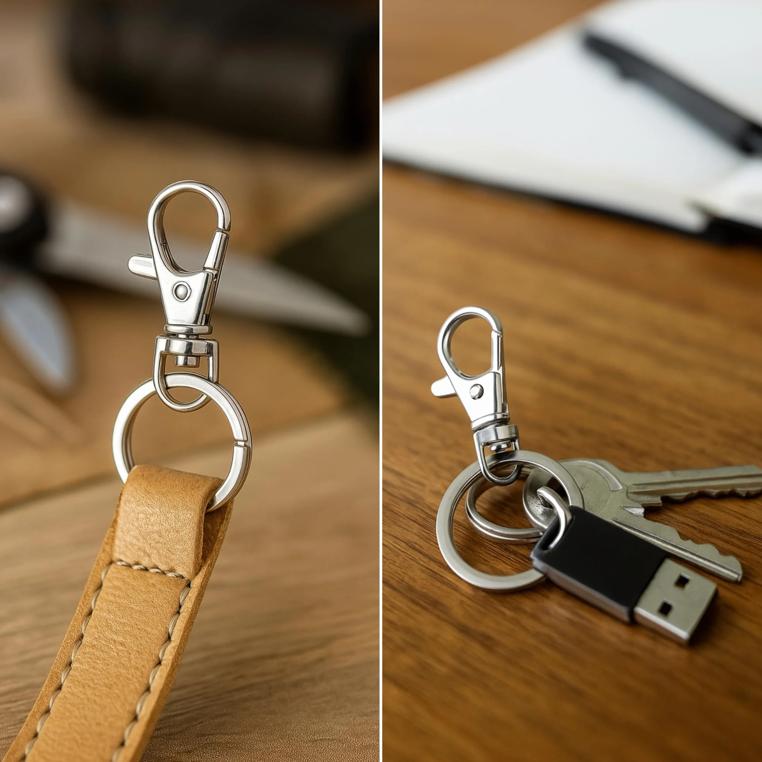 Breloczek z karabińczykiem z D-ringiem 10 mm, kółko do kluczy 25 mm, metalowe kółko obracane 360°, 24 sztuki