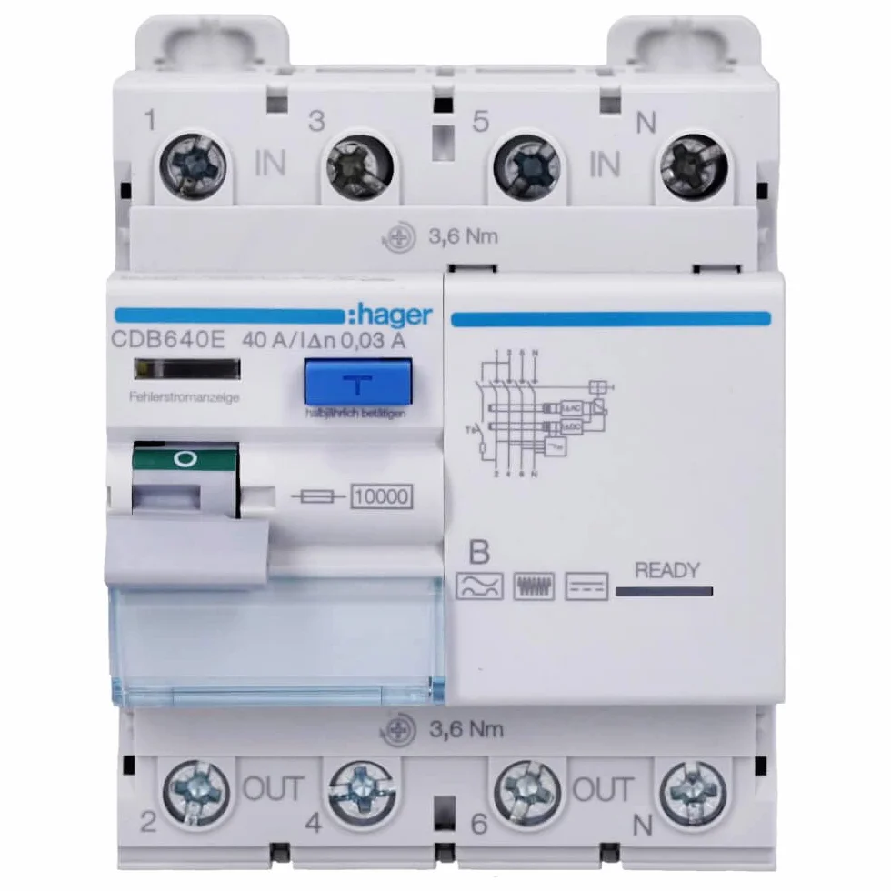 HAGER CDB640E Wyłącznik ochronny FI 4p 10kA 40A 30mA typ B