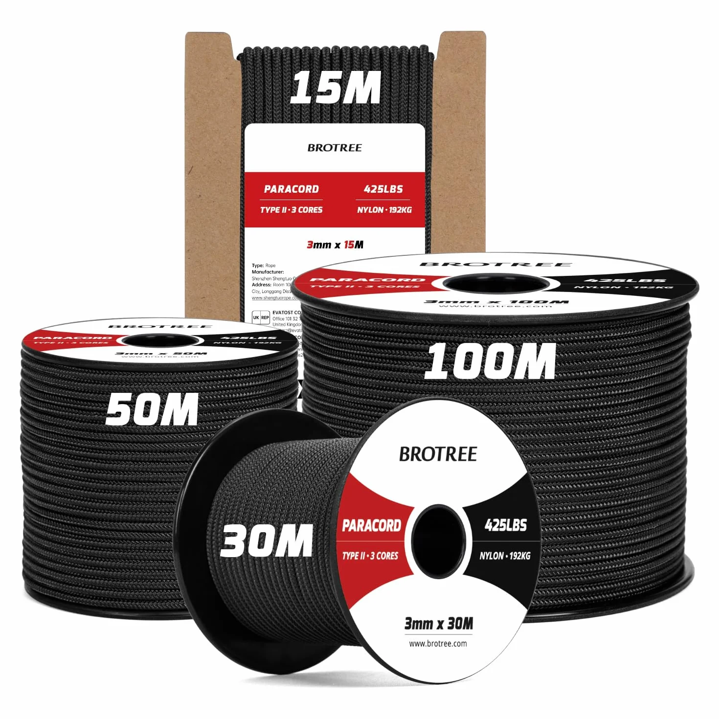 Brotree 3mm Paracord 425 100% Nylon 15M Sznurek 3-żyłowa Typ II Nylonowa Lina do Zewnątrz, Rzemieślnicze, DIY - Obciążenie Niszczące 192kg (Czarny)