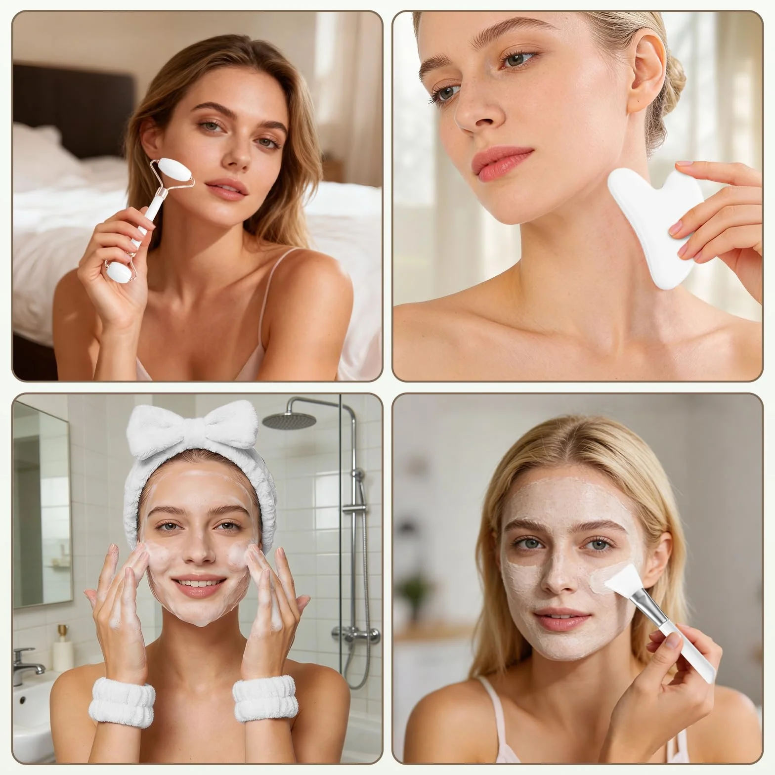 flintronic Zestaw 7 w 1 Gua Sha do twarzy, Gua Sha i wałek do twarzy, wałek do masażu twarzy przeciwzmarszczkowy, łagodzi skórę i eliminuje obrzęk oczu