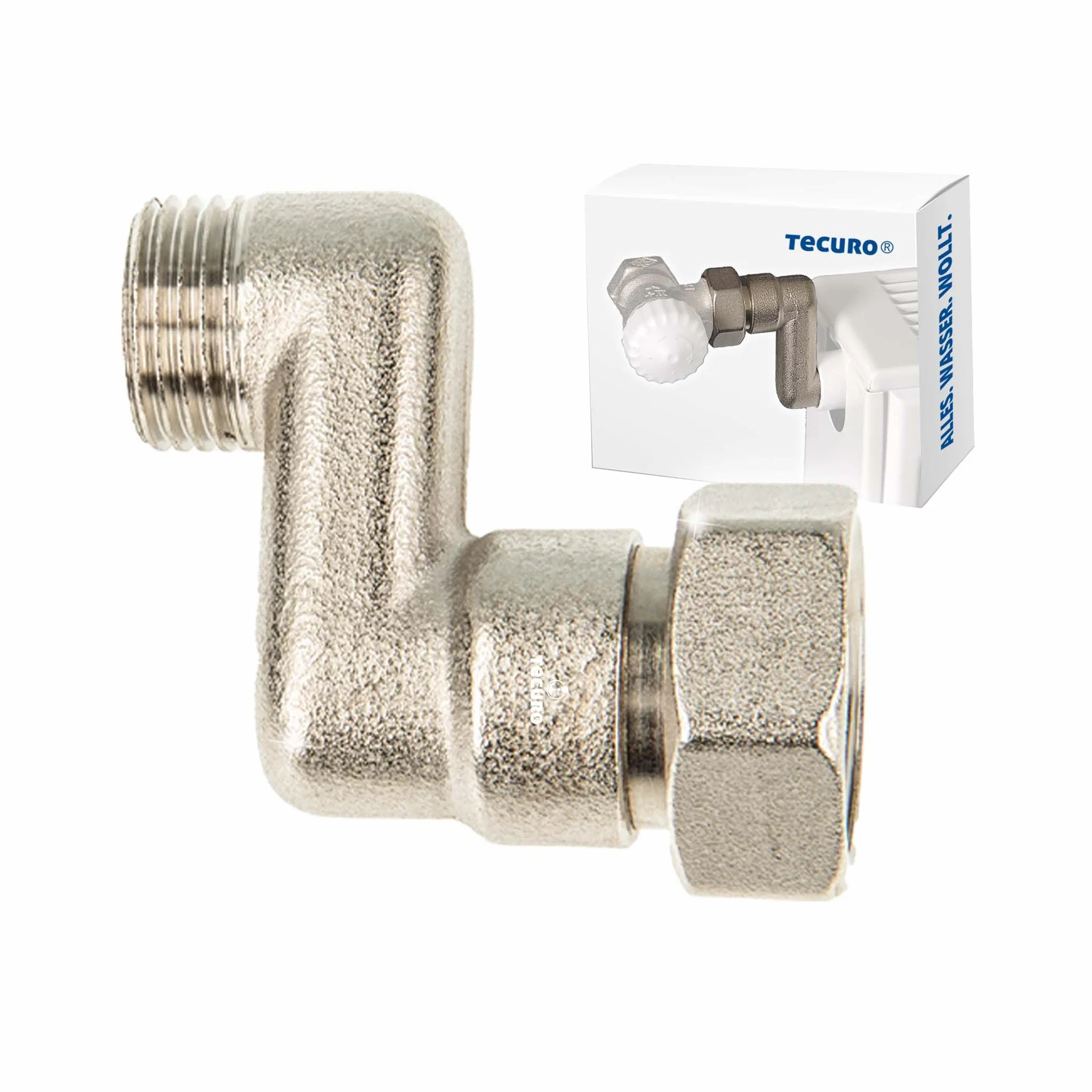 Tecuro Grzejnik S-Connector 30 mm Regulacja wysokości z Eurocone DN 15 Gwint zewnętrzny x DN 20 Nakrętka Unionowa Mosiądz Niklowany AGS-30
