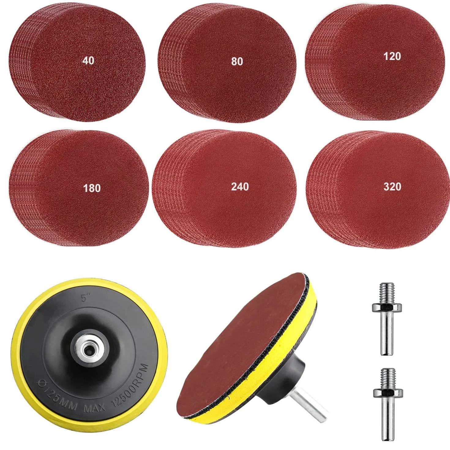 Papier Szlifierski 125 mm 40-320 Grit, 60 Arkuszy, 2 Talerze Podporowe, M14 Tarcze Szlifierskie na Rzep do Szlifierek Kątowych