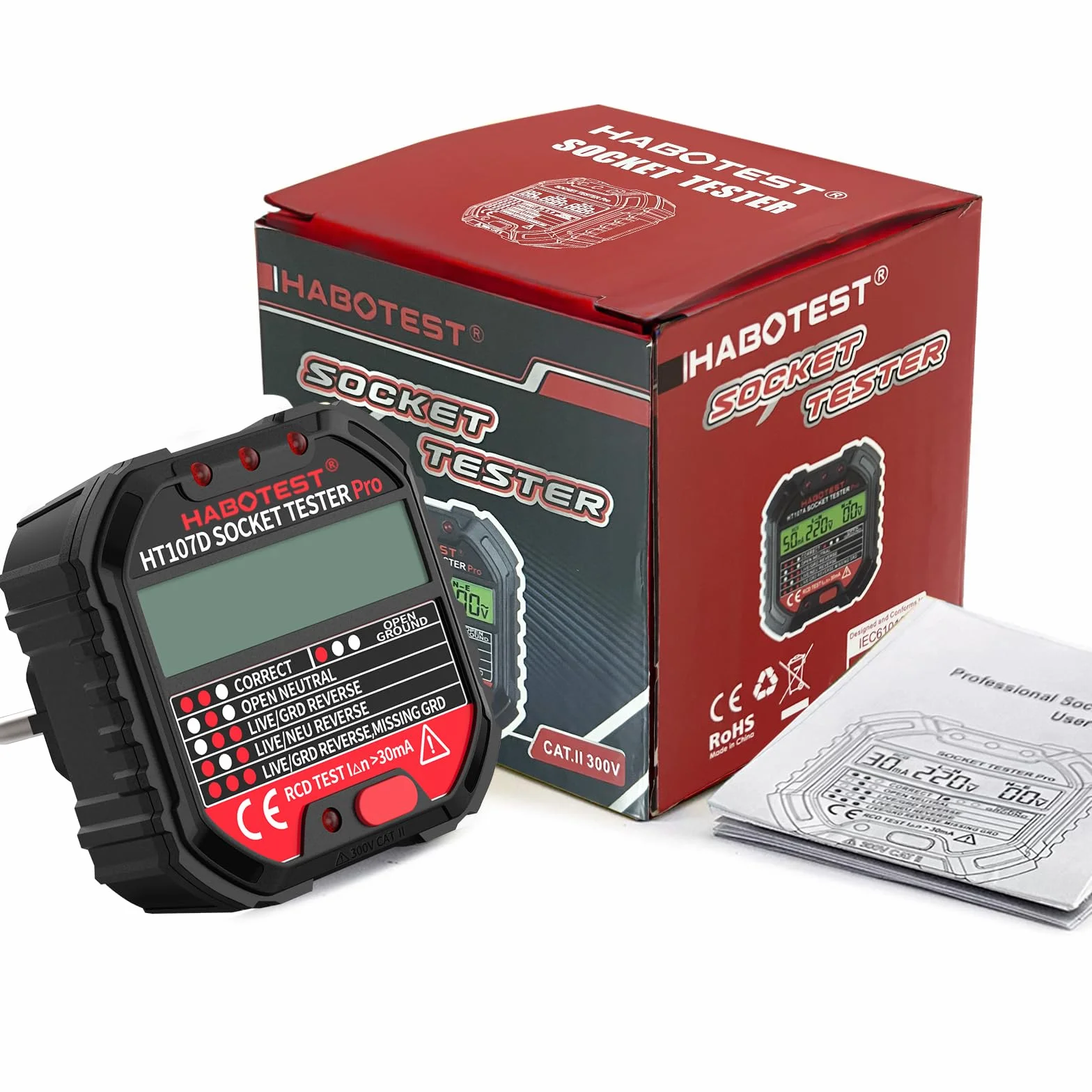 YOJOCK Tester gniazd, Tester Wtyczek RCD, tester napięcia elektrycznego z wyświetlaczem LCD, CAT.II 300V