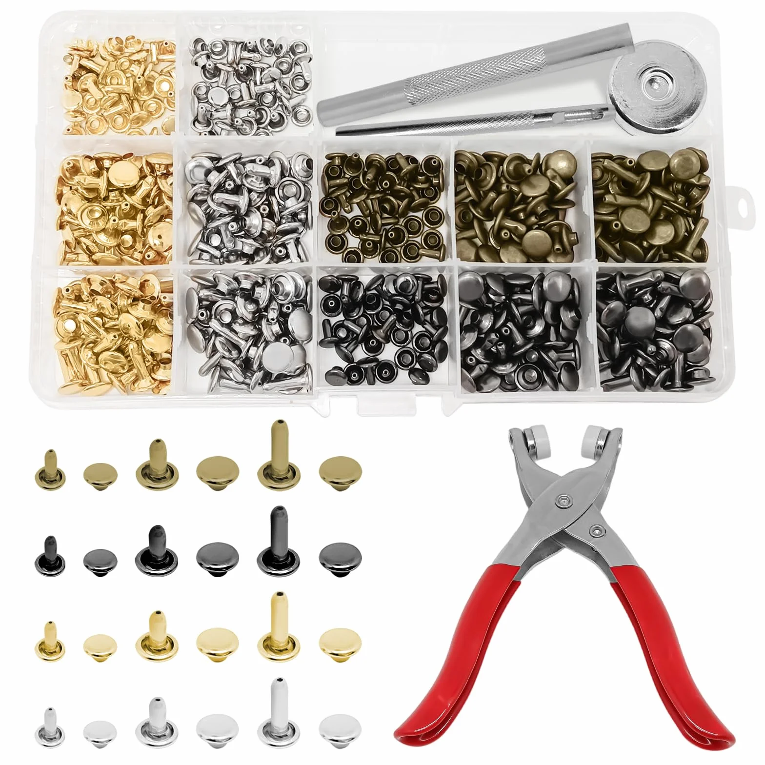 Zestaw 180 nitów skórzanych 12 8 6 mm podwójny nit metalowe kołki rurkowe 3 narzędzia do mocowania
