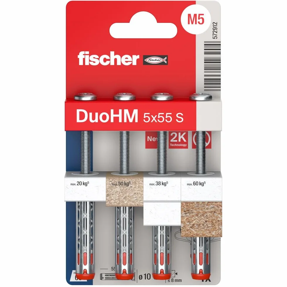 fischer DuoHM kołki rozporowe 5 x 55 S PZ ze śrubą metryczną i napędem PZ do mocowania wsporników telewizyjnych, świateł, półek ściennych w materiałach budowlanych panelowych 4 sztuki