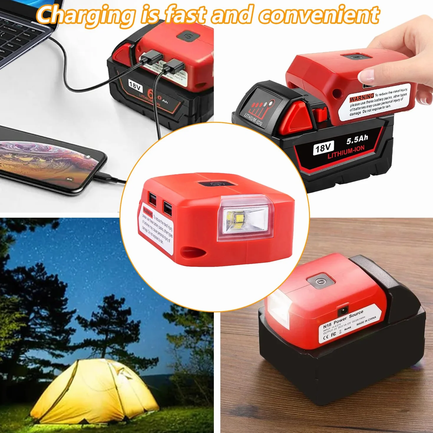 Adapter do baterii litowej 18 V 5 V/2,1 A podwójny adapter ładujący USB światło robocze LED 12 V DC konwerter mocy dla Milwaukee M18 czerwony