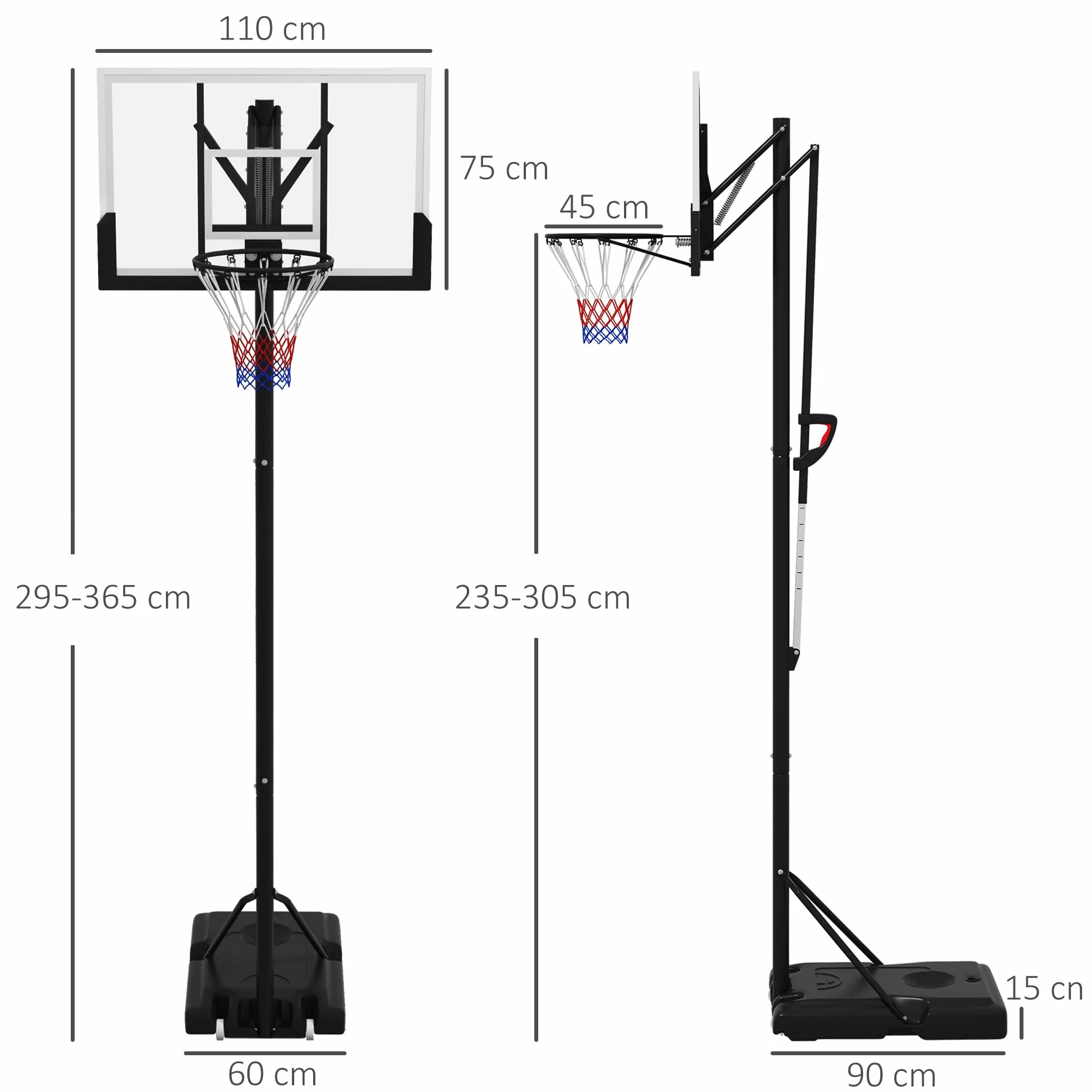 SPORTNOW Kosz do koszykówki 235-305 cm z regulacją wysokości, stojak do koszykówki ze stojakiem, kółka, do użytku na zewnątrz, stal
