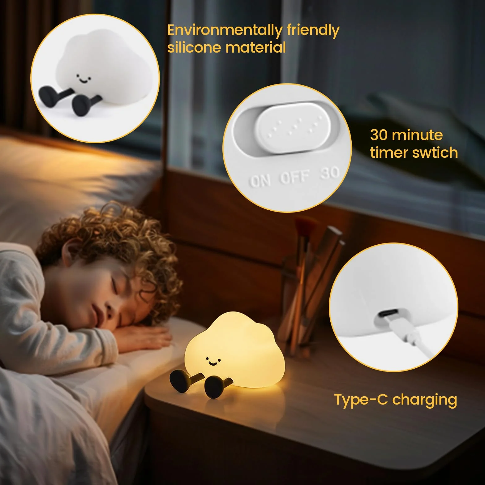 Sevimli Silikon Bulut Gece Lambası, Ayarlanabilir LED Dokunmatik Lamba, USB ile Şarj Edilebilir Yatak Lambası, Sıkılabilir Lamba, Bebek Odası, Çocuk Yatak Odası Dekorasyonu ve Hediyeler(Cloud)