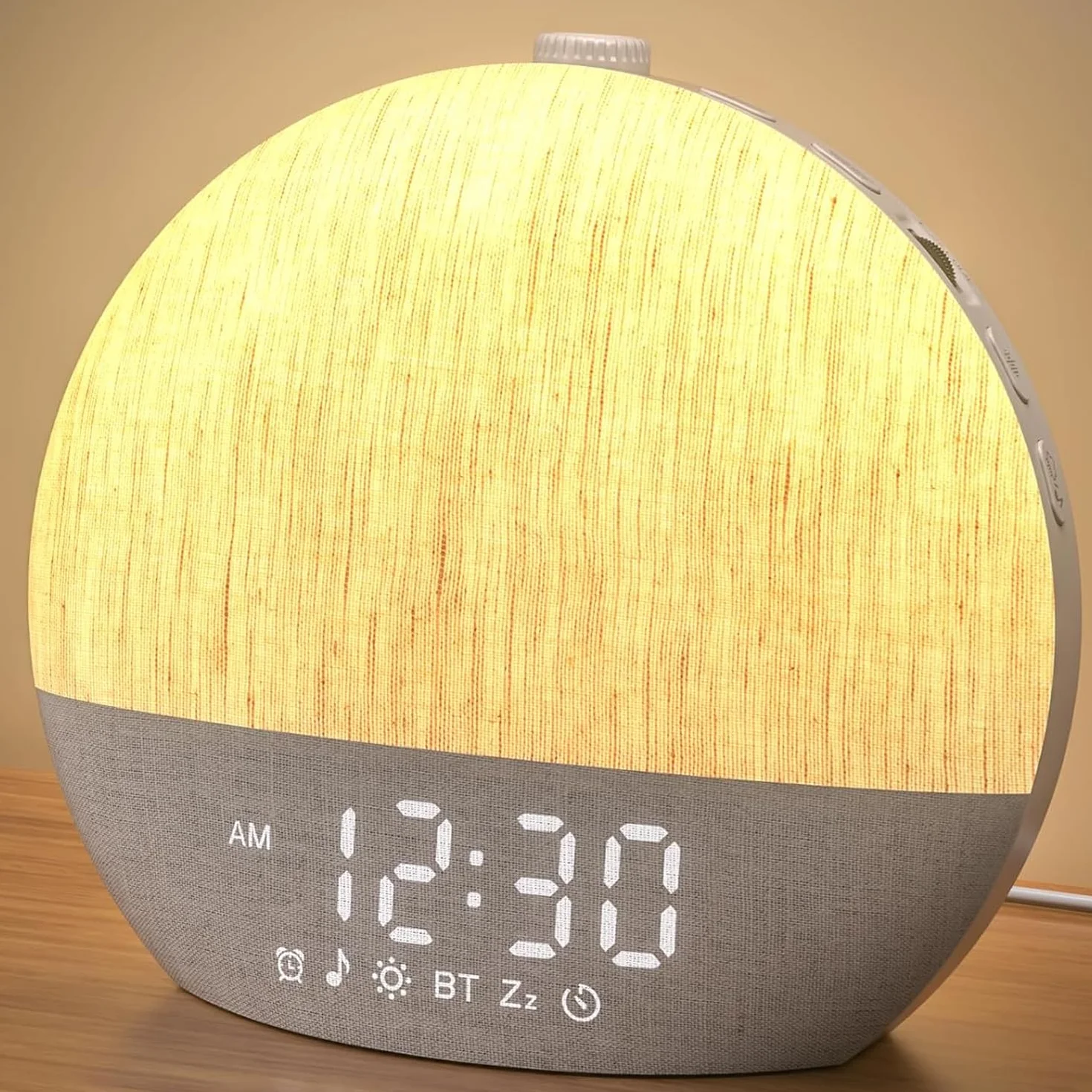 LIORQUE Budzik świetlny z symulacją wschodu słońca, biały hałas, 30 dźwięków do snu, regulowany wyłącznik czasowy, Bluetooth