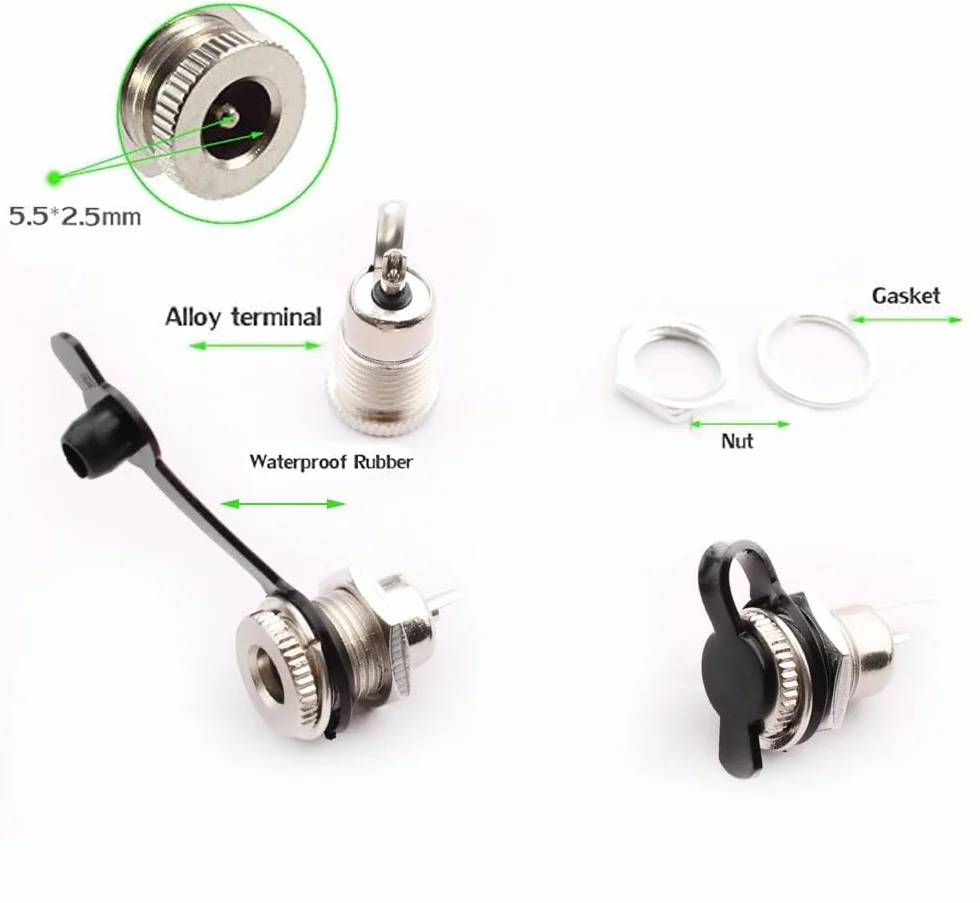 RUNCCI-YUN 12 szt. 5,5 x 2,5 mm gniazdo zasilania DC 5 V – 30 V 5 A żeńskie złącze do montażu panelowego, + 12 szt. wtyczka zasilająca 12 V + 12 szt. wodoodporna nasadka