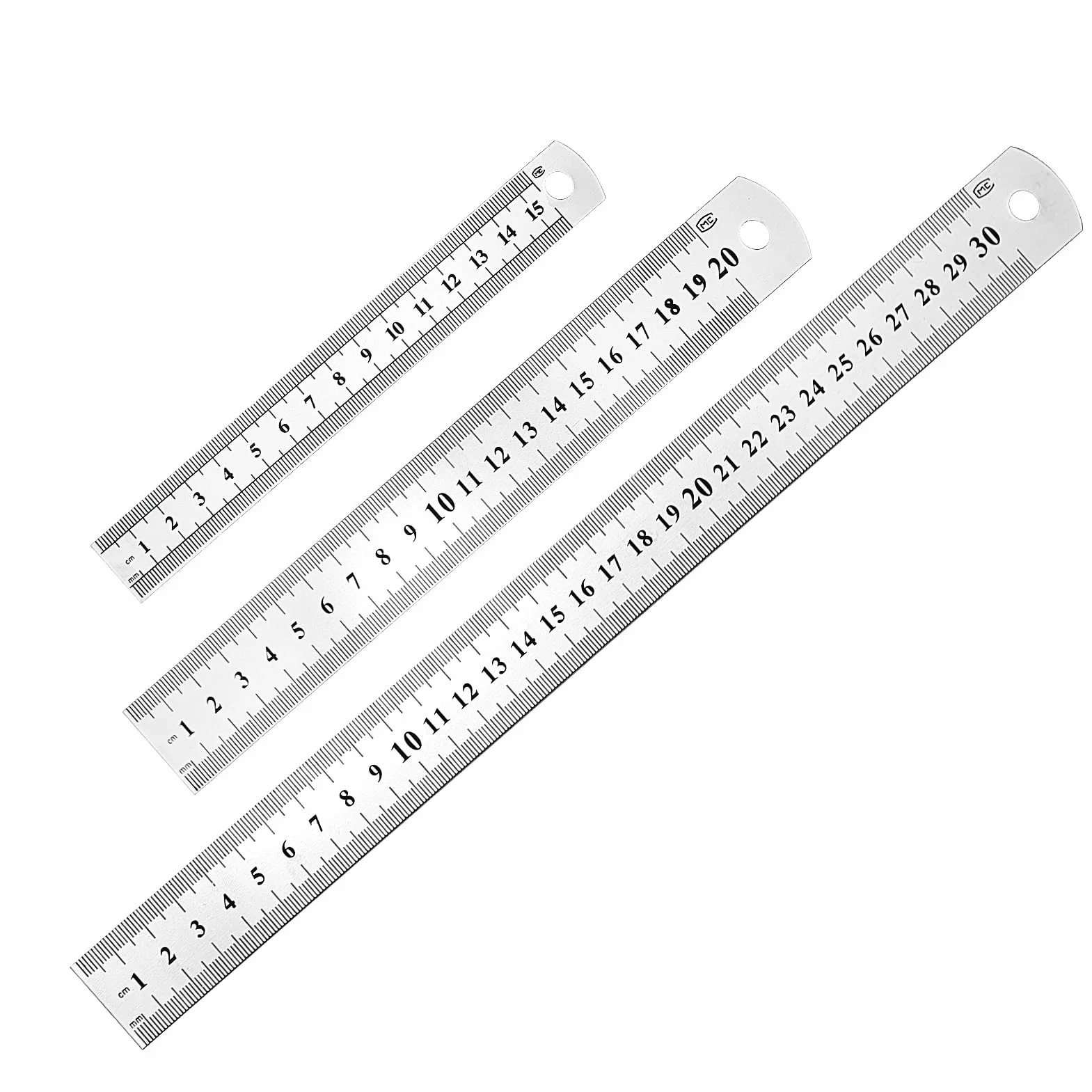 Zestaw 3 metalowych linijek ze stali nierdzewnej 30 cm, 20 cm, 15 cm