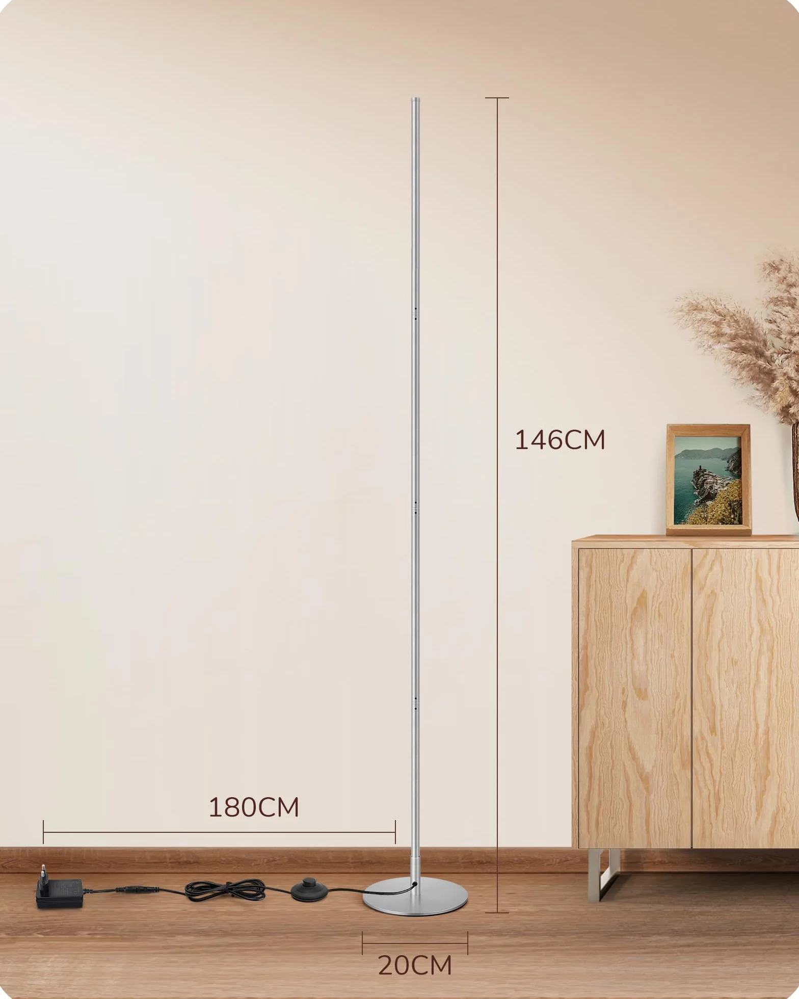 EDISHINE Lampa stojąca do salonu, lampa stojąca LED, ściemniana, 3000 K, ciepła biel, lampa stojąca z funkcją pamięci, regulacja wysokości 146 cm, nowoczesna lampa stojąca do sypialni i biura, srebrna