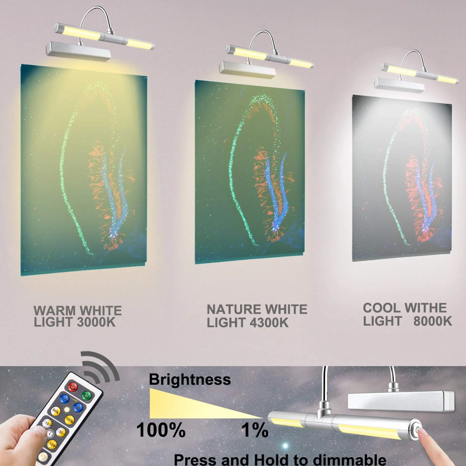 BIGLIGHT Oświetlenie obrazu z pilotem zdalnego sterowania, bezprzewodowe oświetlenie ścienne LED zasilane na baterie, obracana głowica świetlna 33 cm, 3 tryby oświetlenia, ściemniane światło do zdjęć tarczy rzutek - srebrny