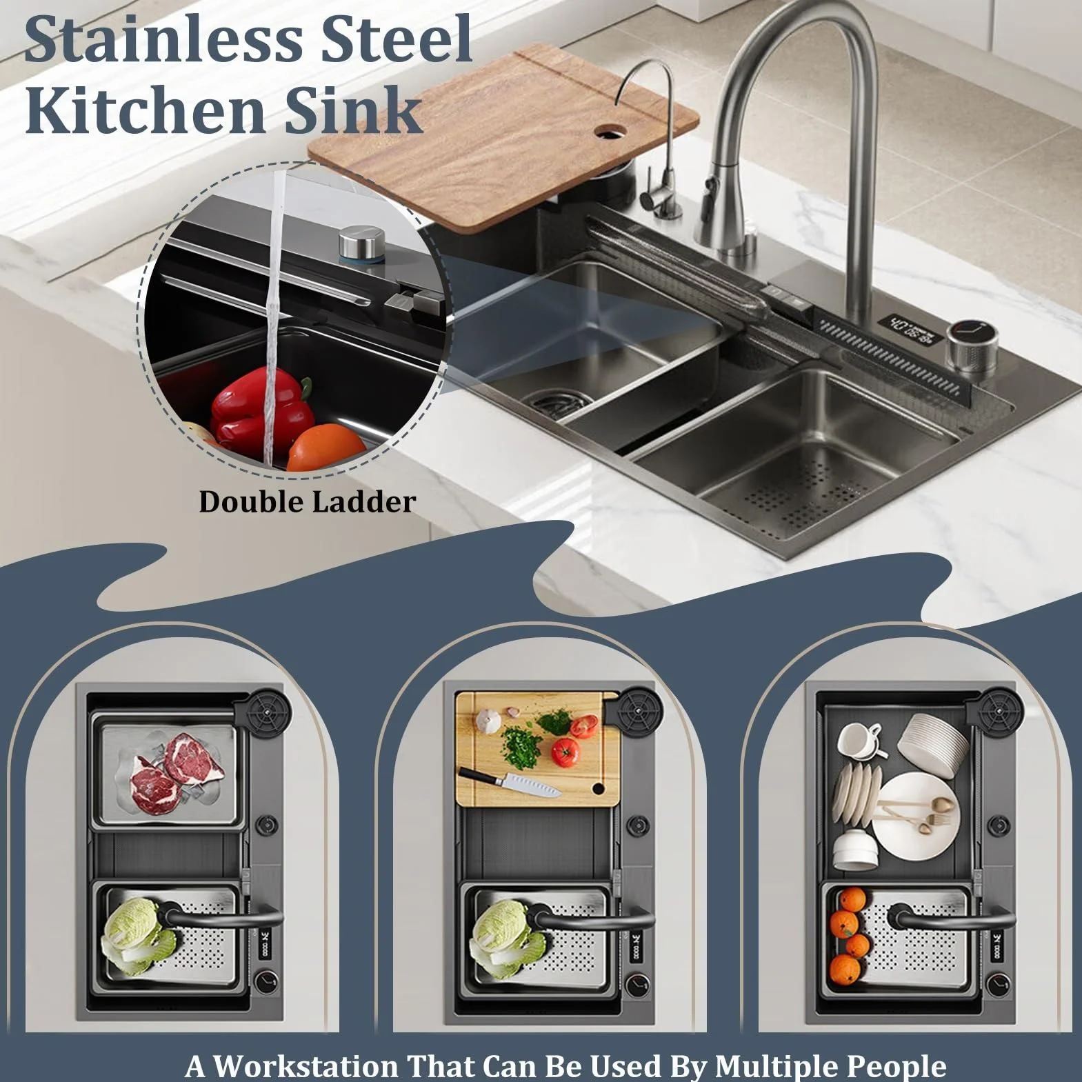 Stainless Steel Waterfall Kitchen Sink Combo with Pull-Out Faucet Nano-Coated Topmount Single Bar Bowl 80x50cm Black-Grey